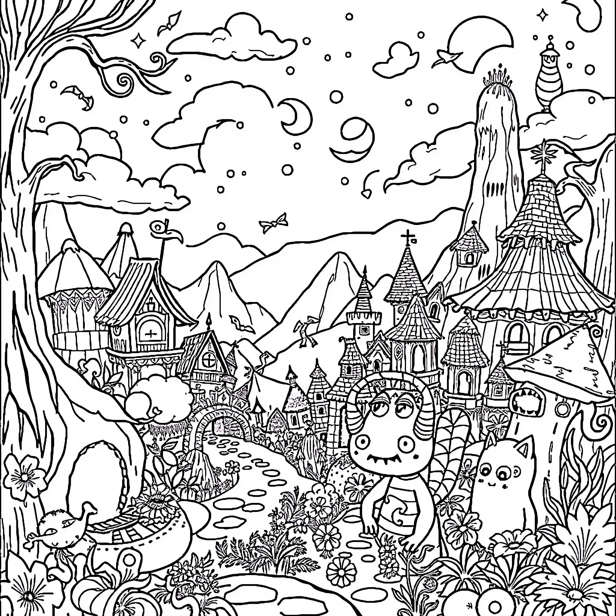 Dandy Whimsical Creatures in Fantastical Landscape Coloring Page (free black-and-white line drawing printable PDF for all, from beginners to advanced learners, including children, teens, adults, and seniors)