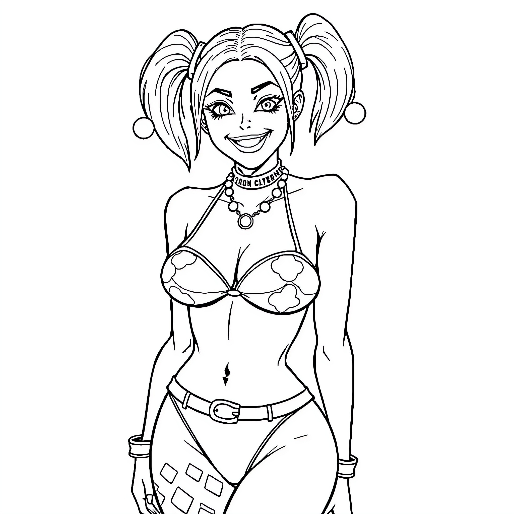 Harley Quinn in Stylized Illustration Coloring Page (free black-and-white line drawing printable PDF for all, from beginners to advanced learners, including children, teens, adults, and seniors)