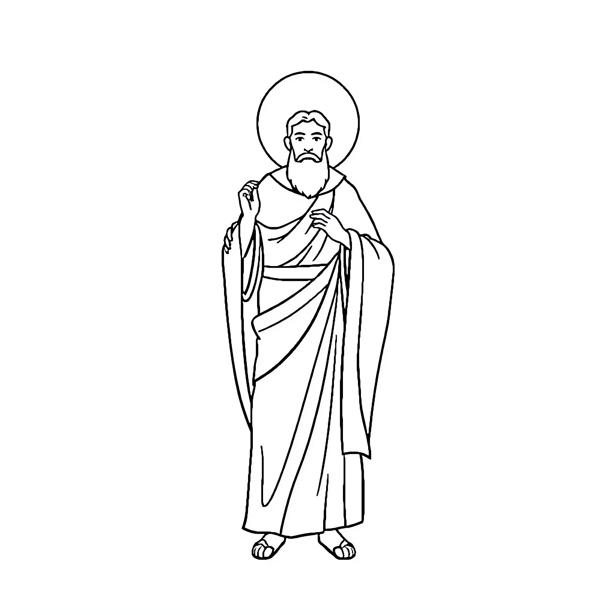 Saint Jude Thaddeus standing in robe and holding staff Coloring Page (free black-and-white line drawing printable PDF for all, from beginners to advanced learners, including children, teens, adults, and seniors)