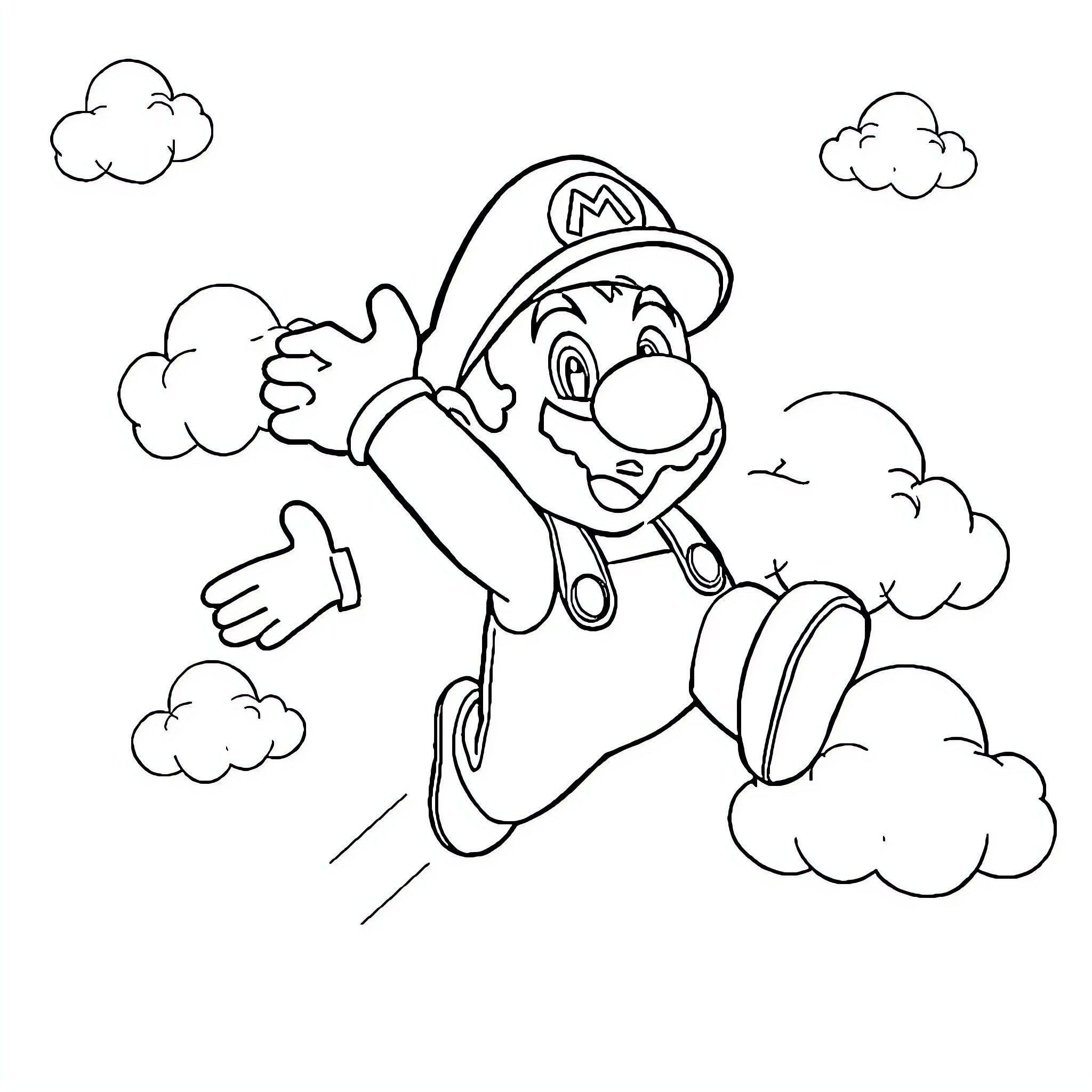 Mario jumping through the clouds Coloring Page (free black-and-white line drawing printable PDF for all, from beginners to advanced learners, including children, teens, adults, and seniors)