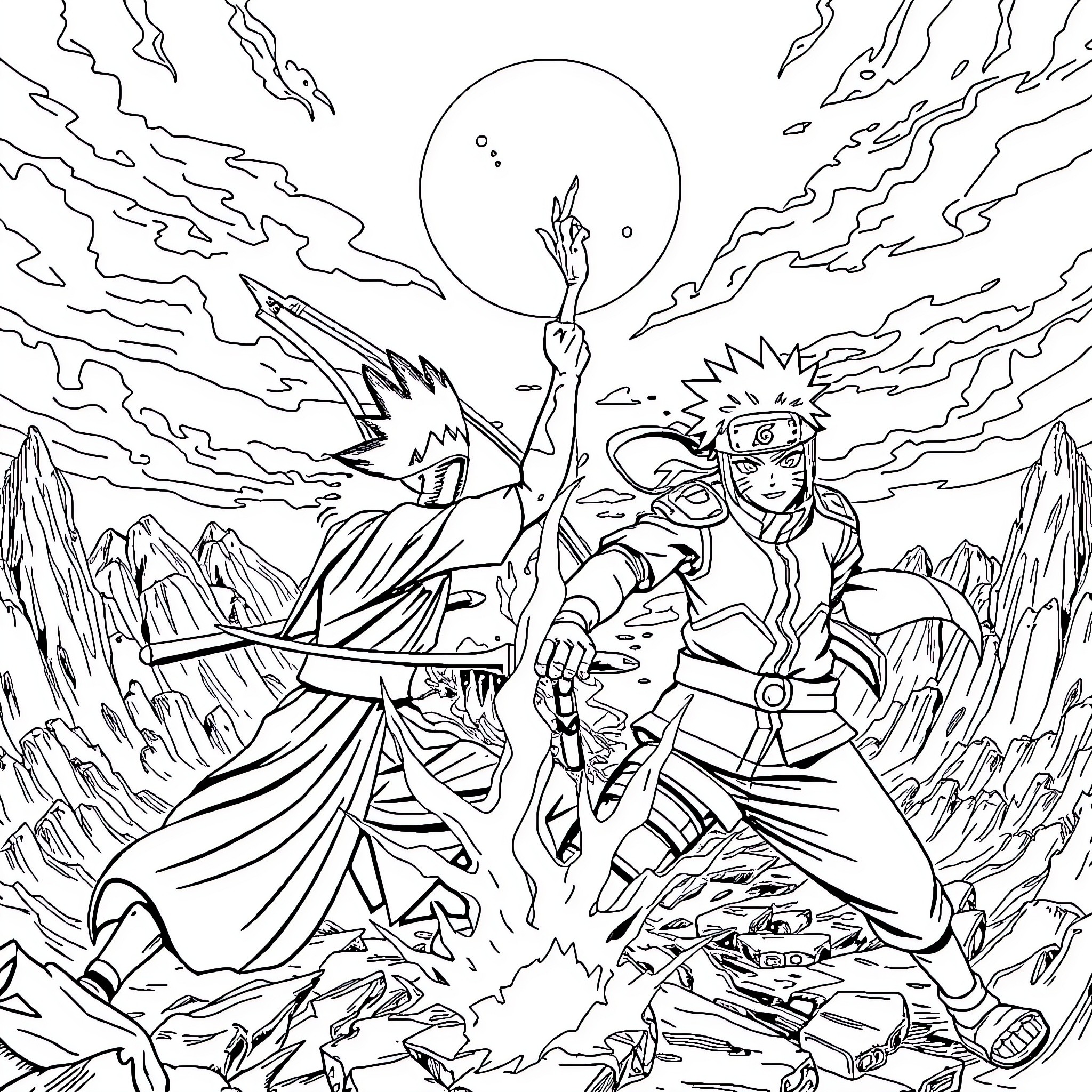Demon Slayer: Heroic Clash in a Perilous Landscape Coloring Page (free black-and-white line drawing printable PDF for all, from beginners to advanced learners, including children, teens, adults, and seniors)