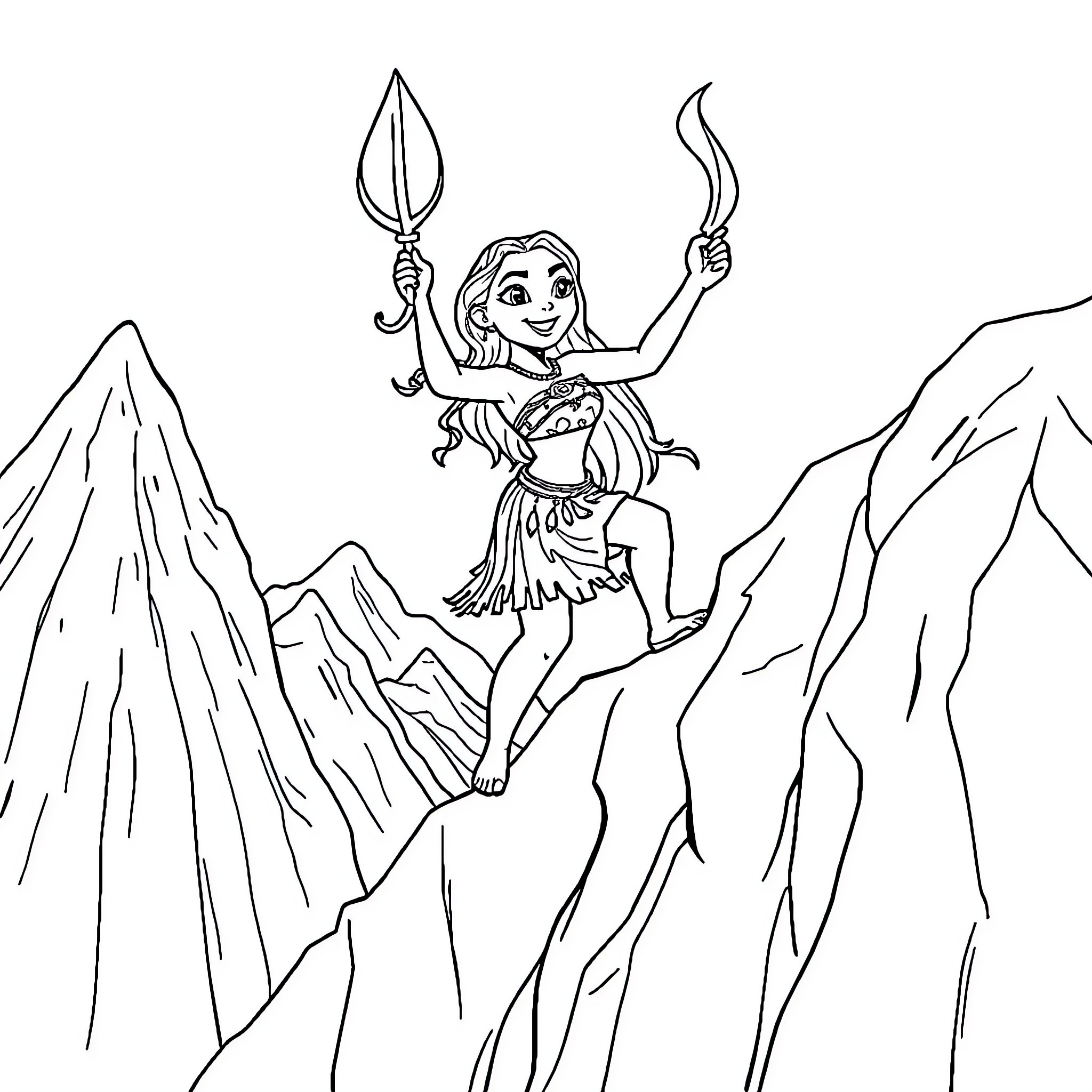 Moana Exploring the Mountainous Terrain Coloring Page (free black-and-white line drawing printable PDF for all, from beginners to advanced learners, including children, teens, adults, and seniors)
