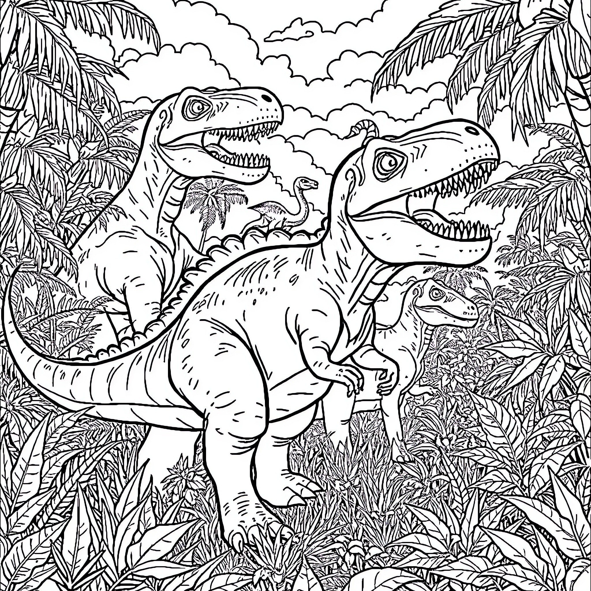 Dinosaurs Roaming in the Prehistoric Landscape Coloring Page (free black-and-white line drawing printable PDF for all, from beginners to advanced learners, including children, teens, adults, and seniors)