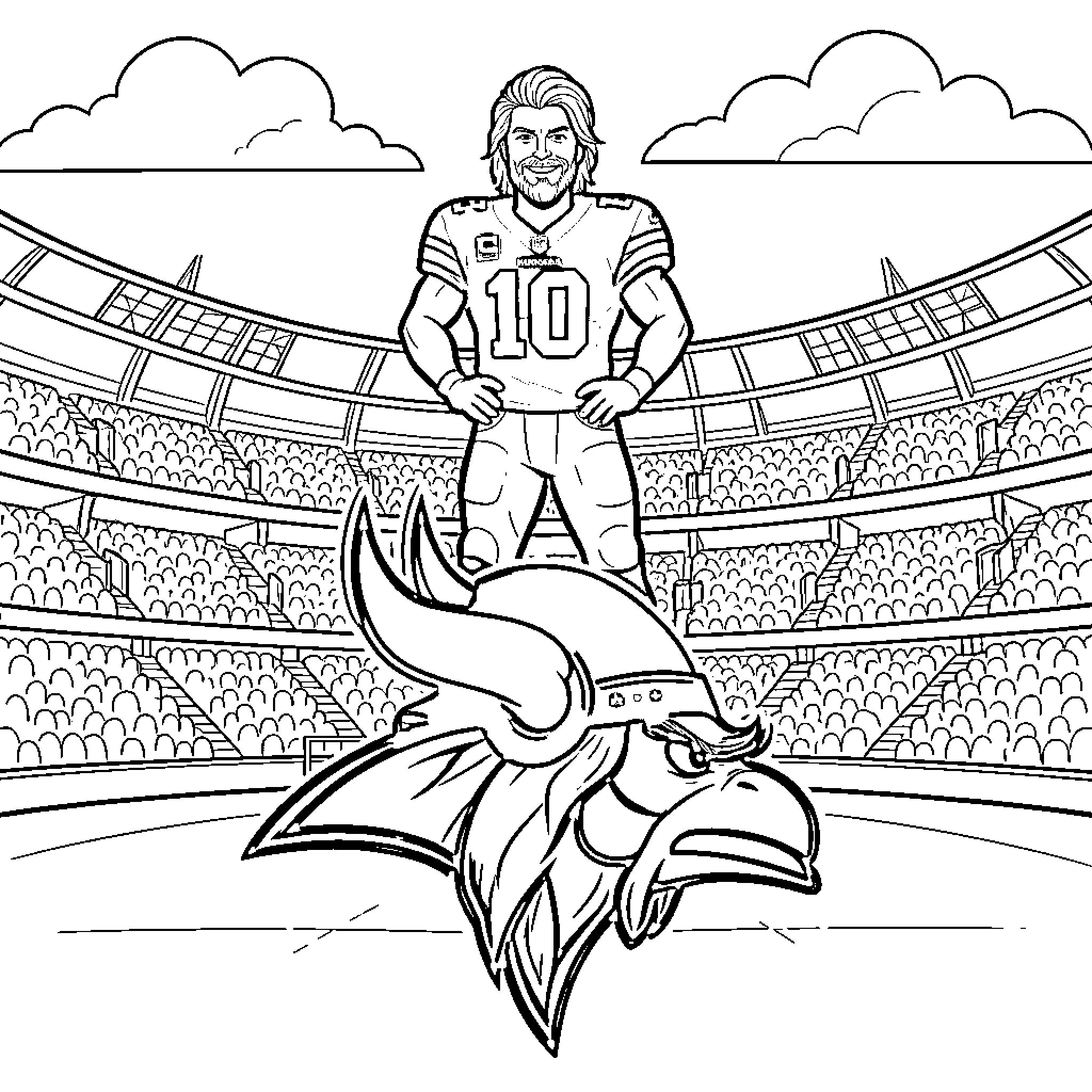 Boltman riding the mighty Bronco in the stadium Coloring Page (free black-and-white line drawing printable PDF for all, from beginners to advanced learners, including children, teens, adults, and seniors)