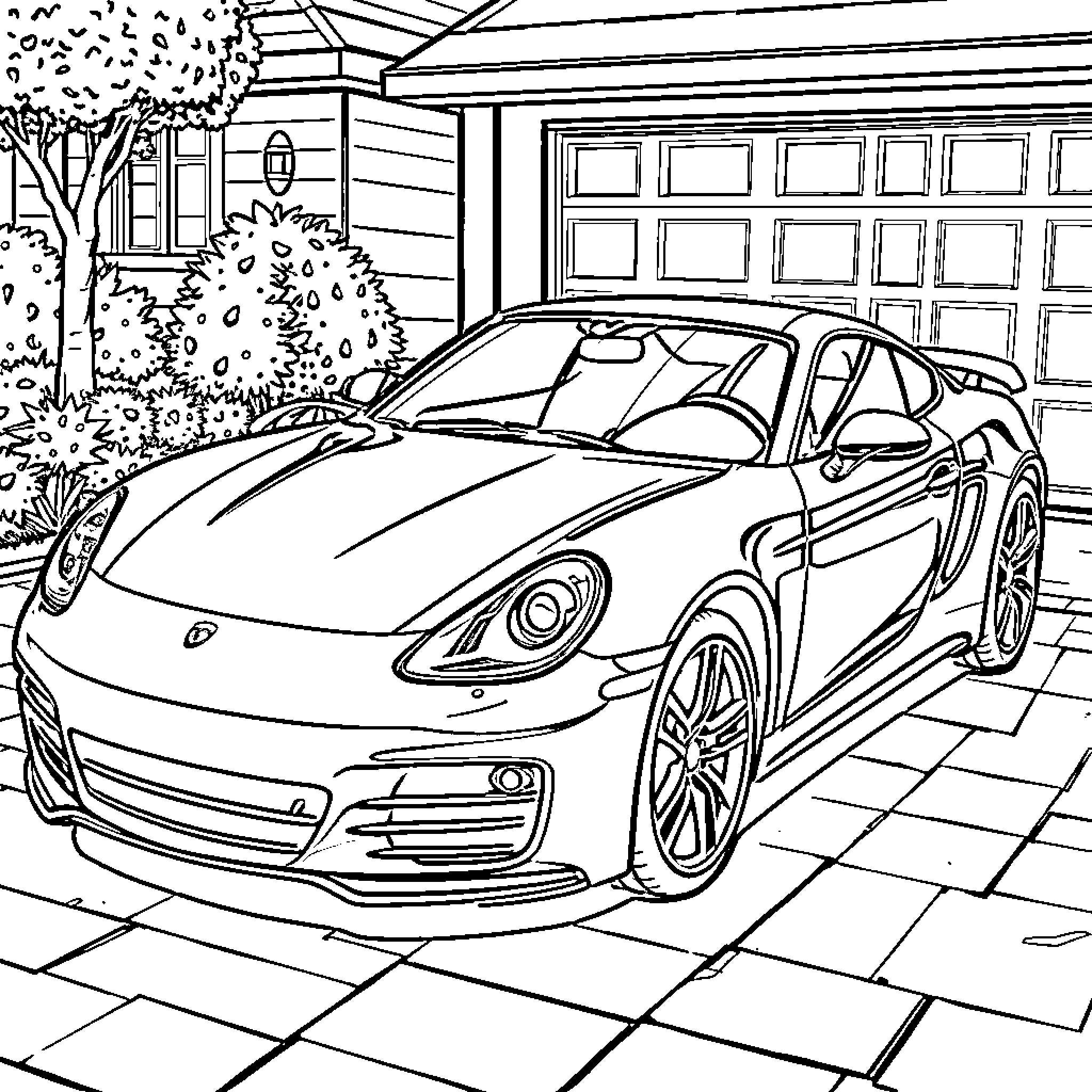 Car in front of house with trees Coloring Page (free black-and-white line drawing printable PDF for all, from beginners to advanced learners, including children, teens, adults, and seniors)