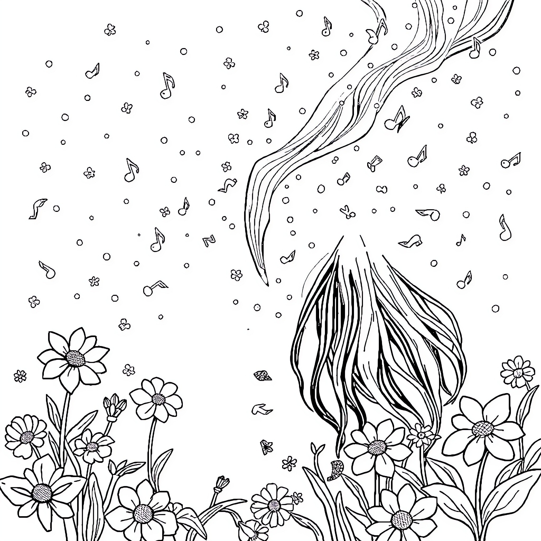Tralalaiero's Whimsical Floral Dreamscape Coloring Page (free black-and-white line drawing printable PDF for all, from beginners to advanced learners, including children, teens, adults, and seniors)