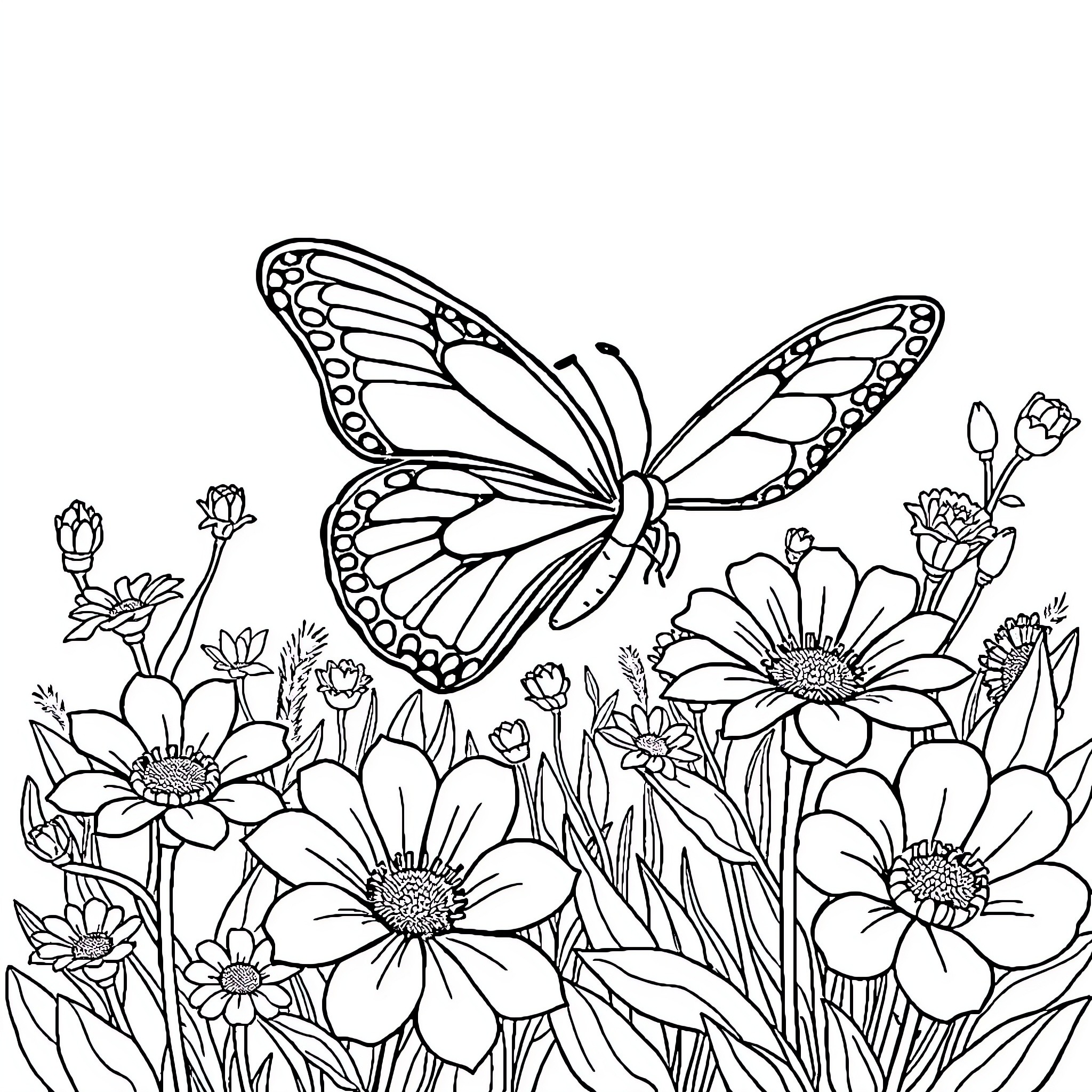 Butterfly amidst vibrant floral garden Coloring Page (free black-and-white line drawing printable PDF for all, from beginners to advanced learners, including children, teens, adults, and seniors)