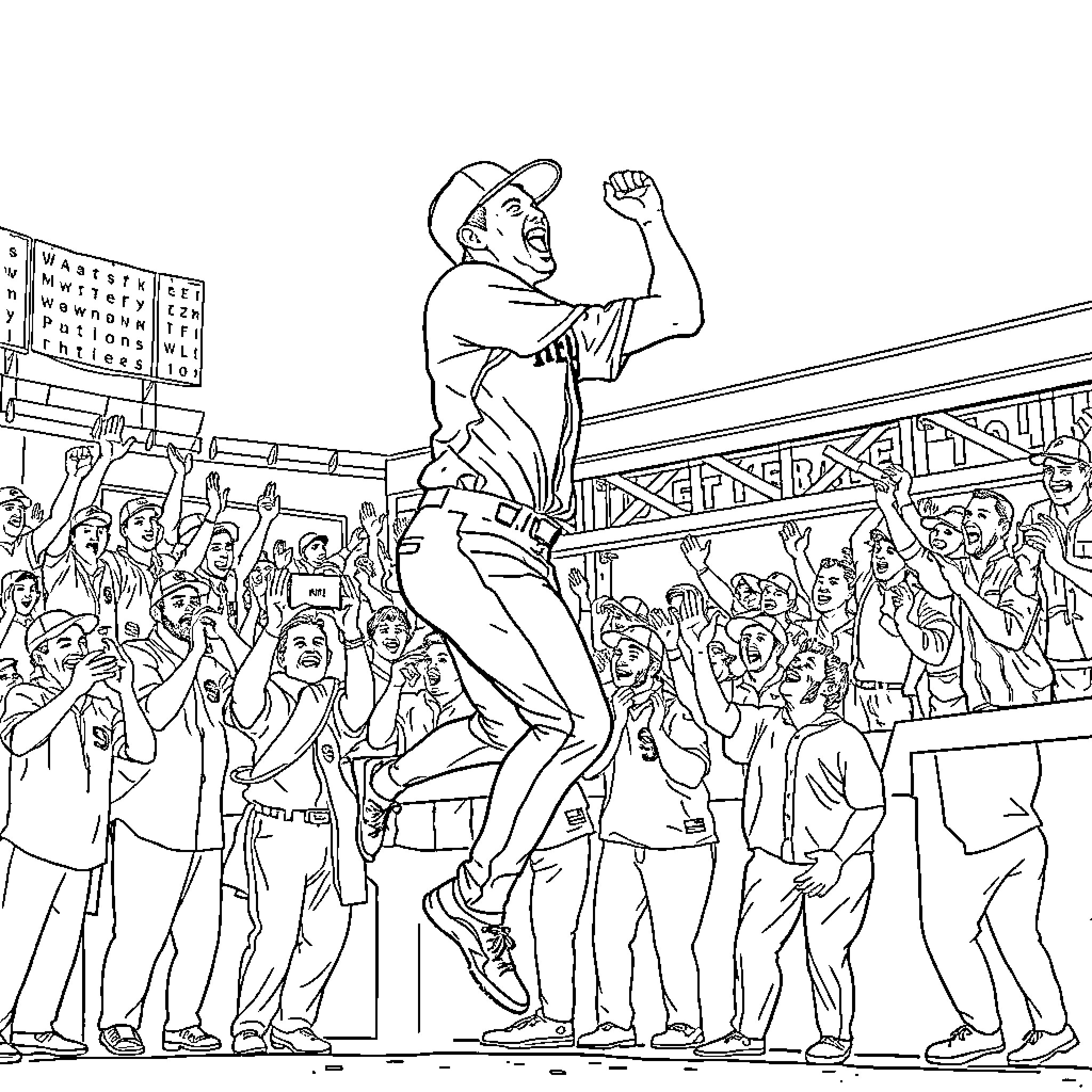 George Springer celebrating victory with energetic crowd Coloring Page (free black-and-white line drawing printable PDF for all, from beginners to advanced learners, including children, teens, adults, and seniors)