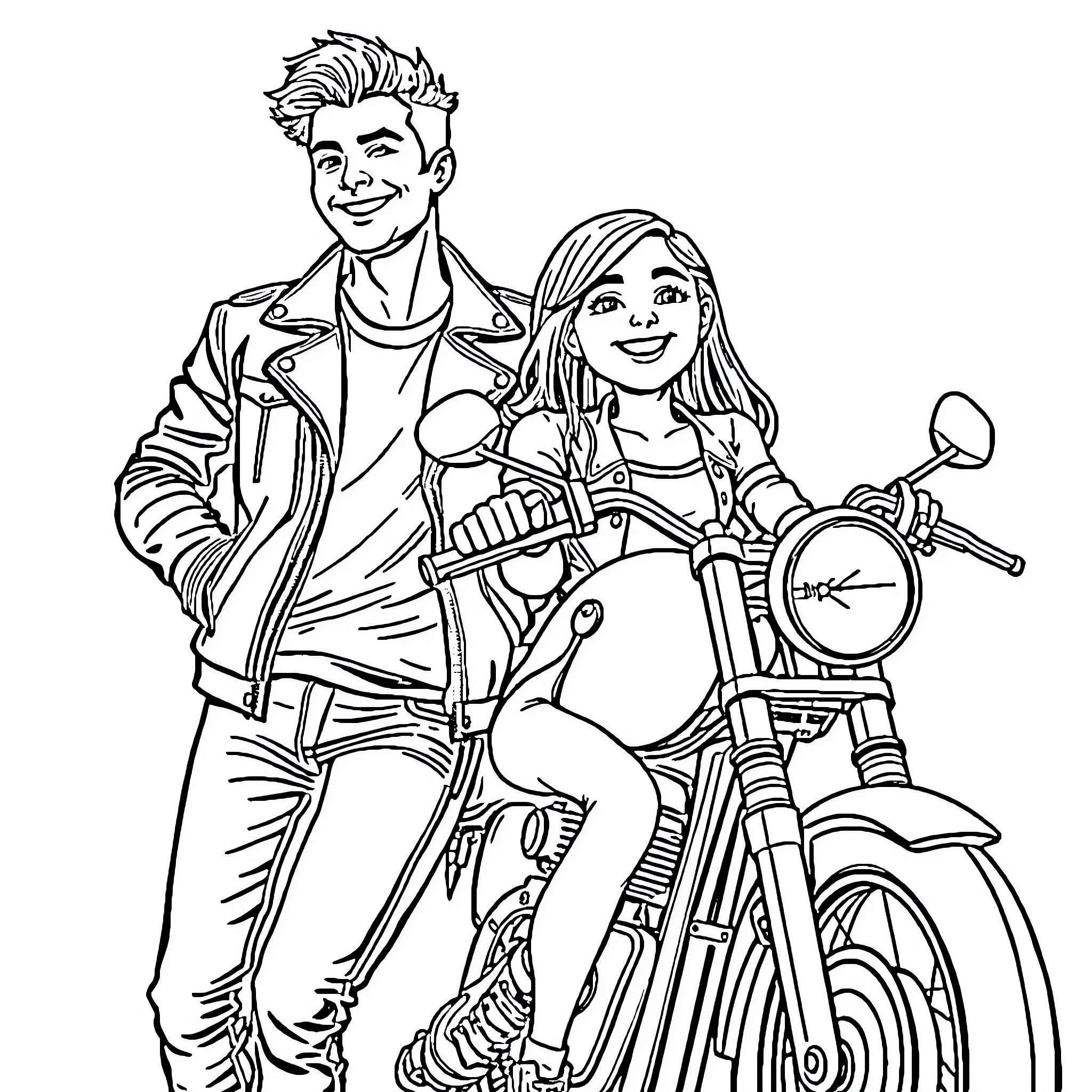 Girl and boy riding motorcycle together Coloring Page (free black-and-white line drawing printable PDF for all, from beginners to advanced learners, including children, teens, adults, and seniors)