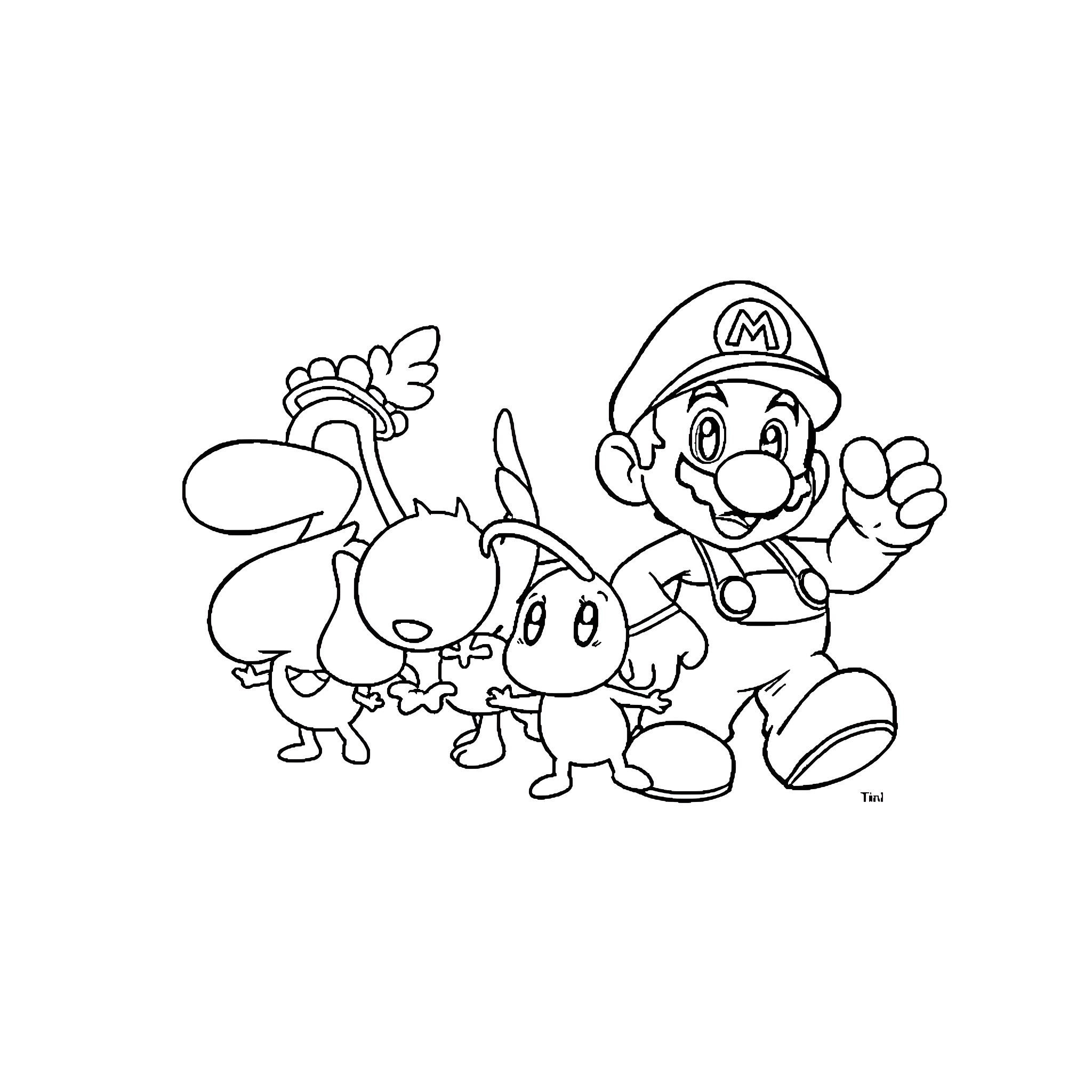 Pikmin characters on a simple adventure Coloring Page (free black-and-white line drawing printable PDF for all, from beginners to advanced learners, including children, teens, adults, and seniors)