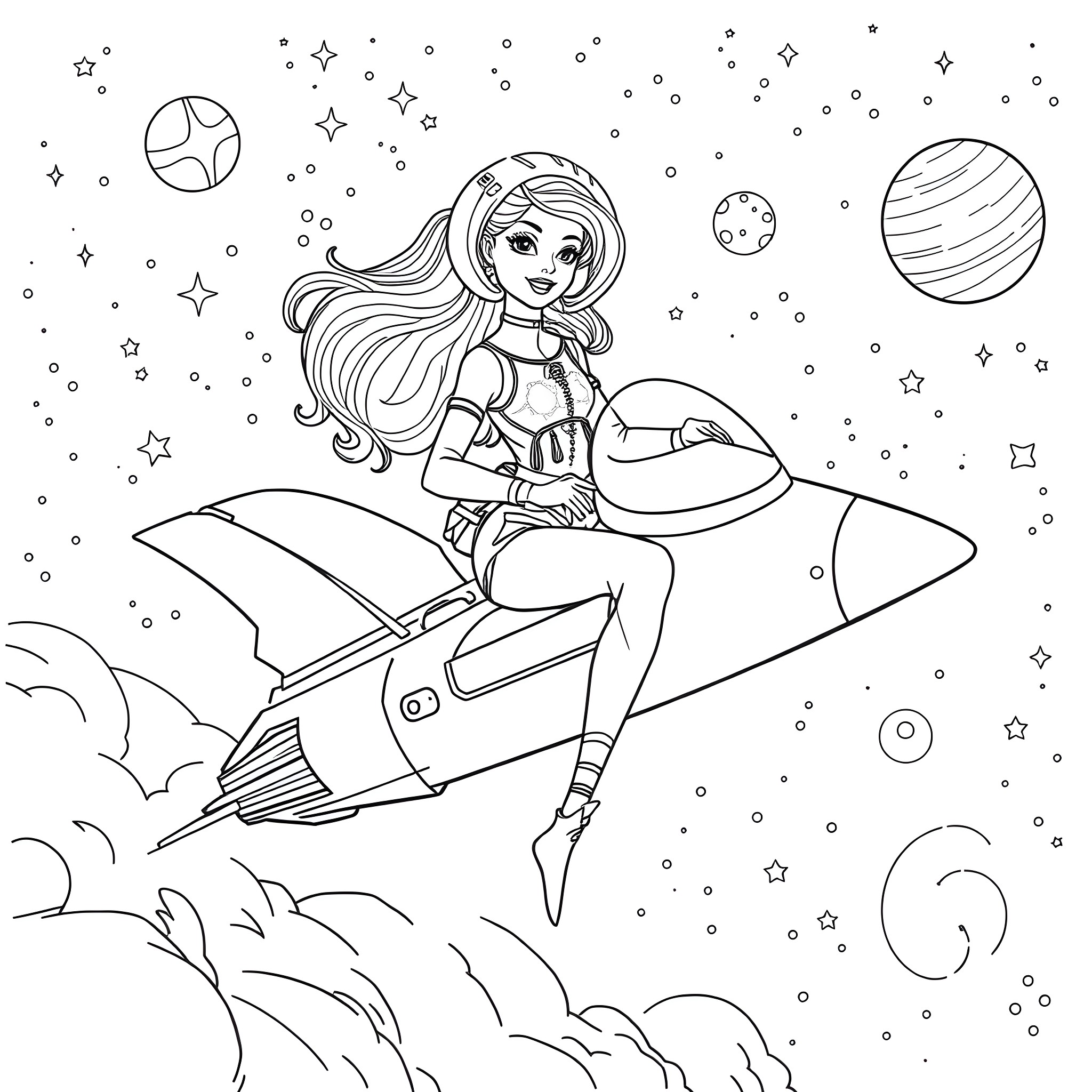 Barbie riding a rocket through space Coloring Page (free black-and-white line drawing printable PDF for all, from beginners to advanced learners, including children, teens, adults, and seniors)