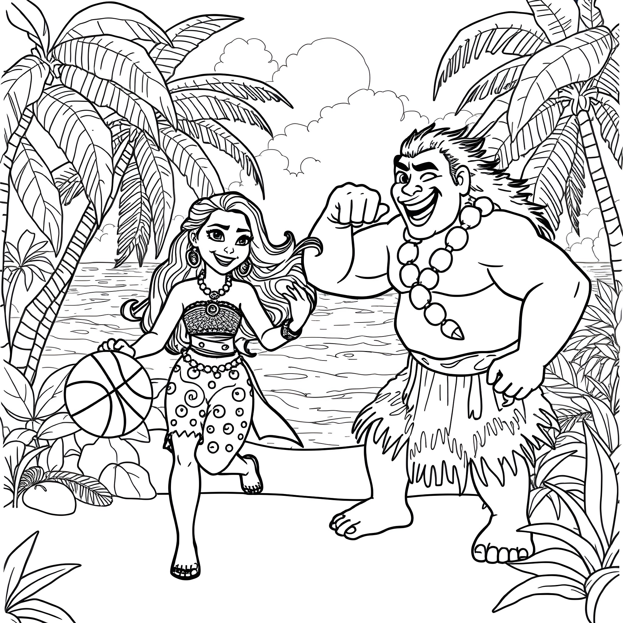 Moana and Maui enjoying the tropical beach Coloring Page (free black-and-white line drawing printable PDF for all, from beginners to advanced learners, including children, teens, adults, and seniors)