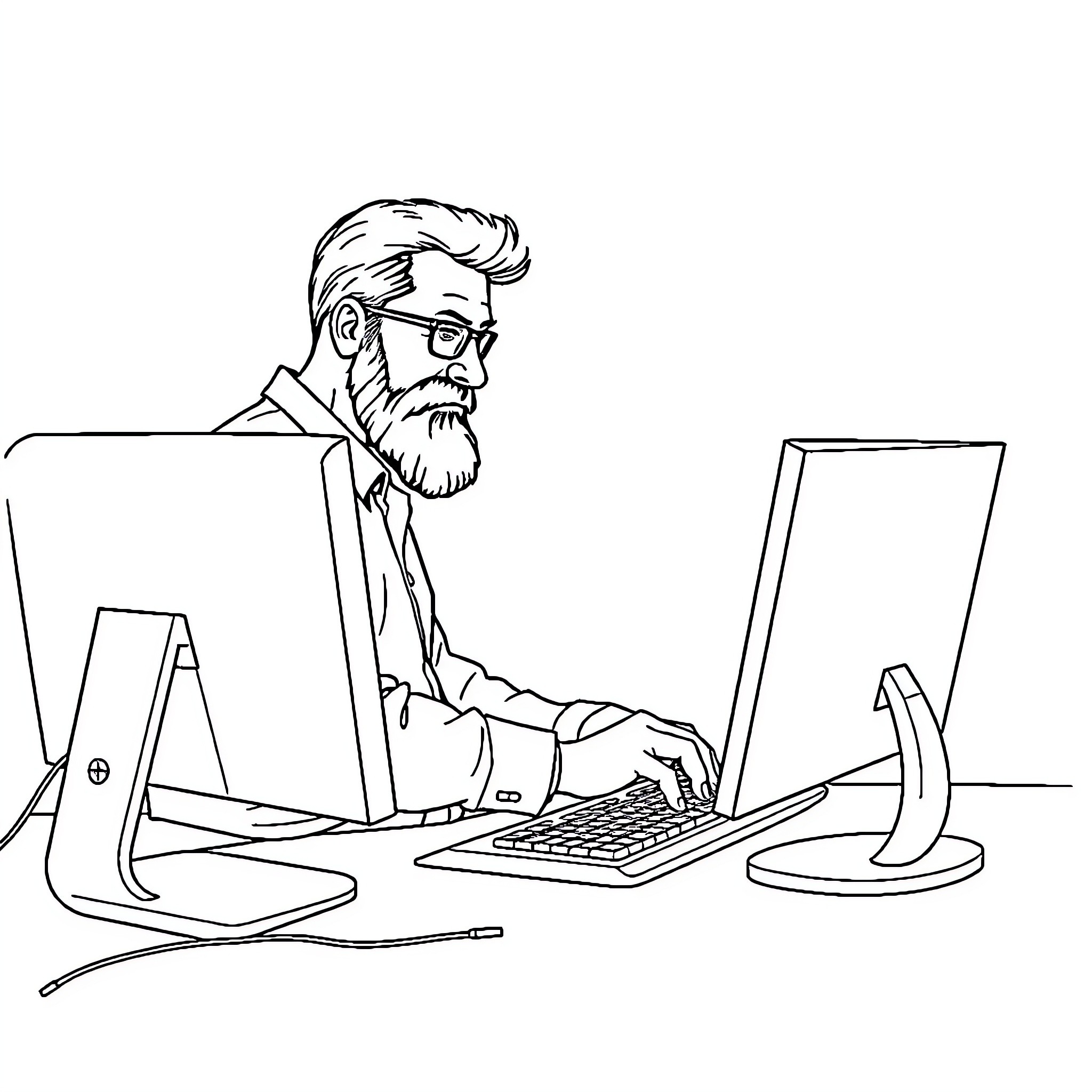 Computer Scientist Intently Working at Desk Coloring Page (free black-and-white line drawing printable PDF for all, from beginners to advanced learners, including children, teens, adults, and seniors)