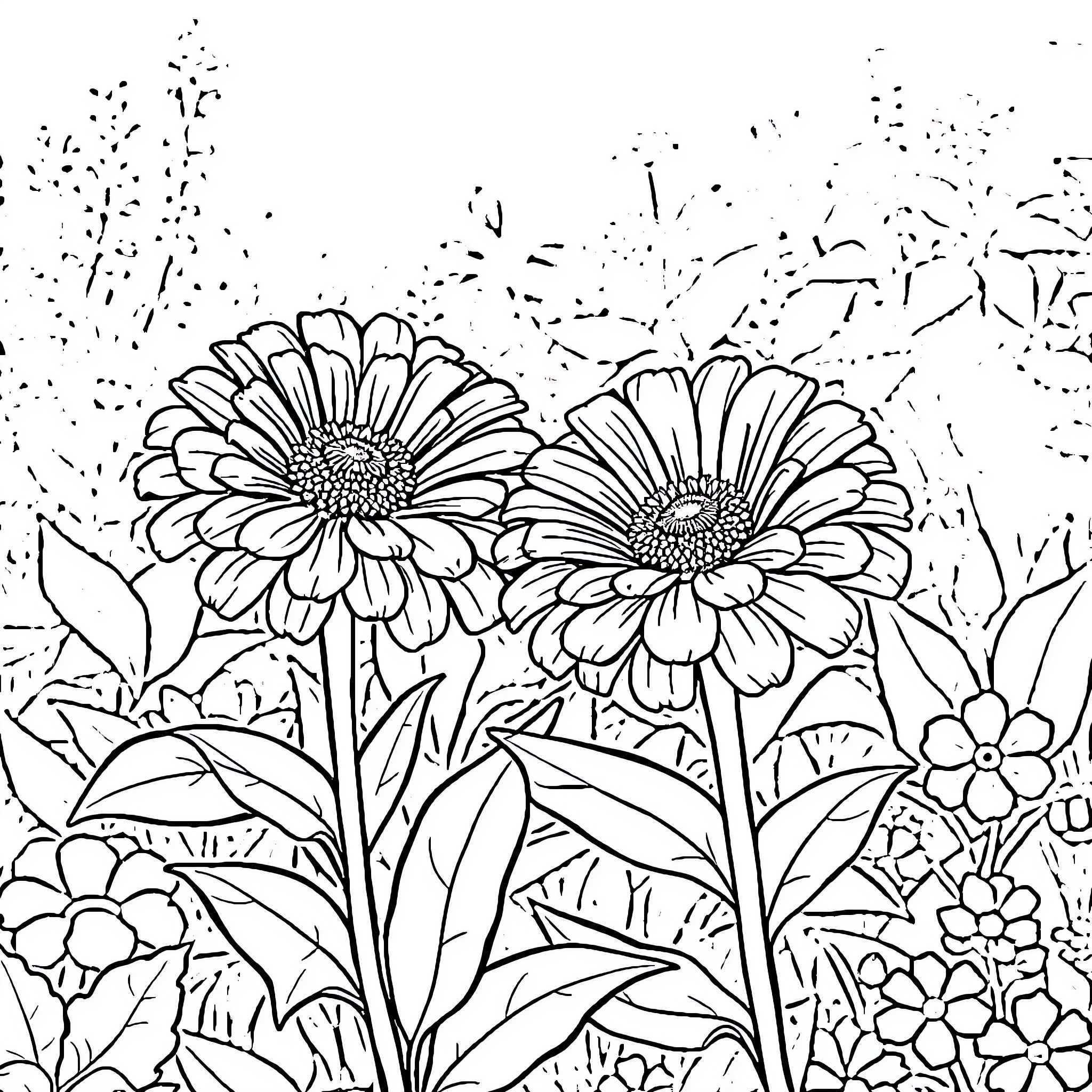 Zinnia Flowers Blooming in Lush Garden Coloring Page (free black-and-white line drawing printable PDF for all, from beginners to advanced learners, including children, teens, adults, and seniors)