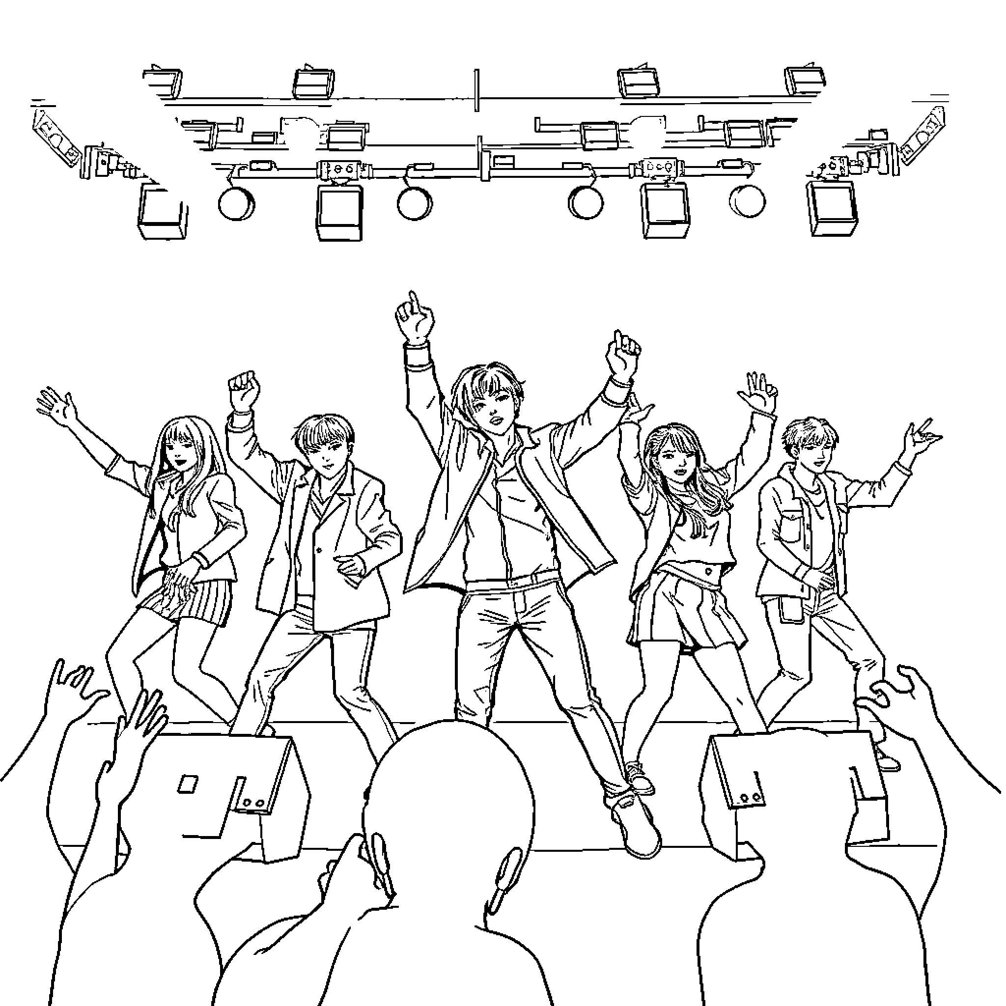 Kpop performers energetically dancing on stage Coloring Page (free black-and-white line drawing printable PDF for all, from beginners to advanced learners, including children, teens, adults, and seniors)