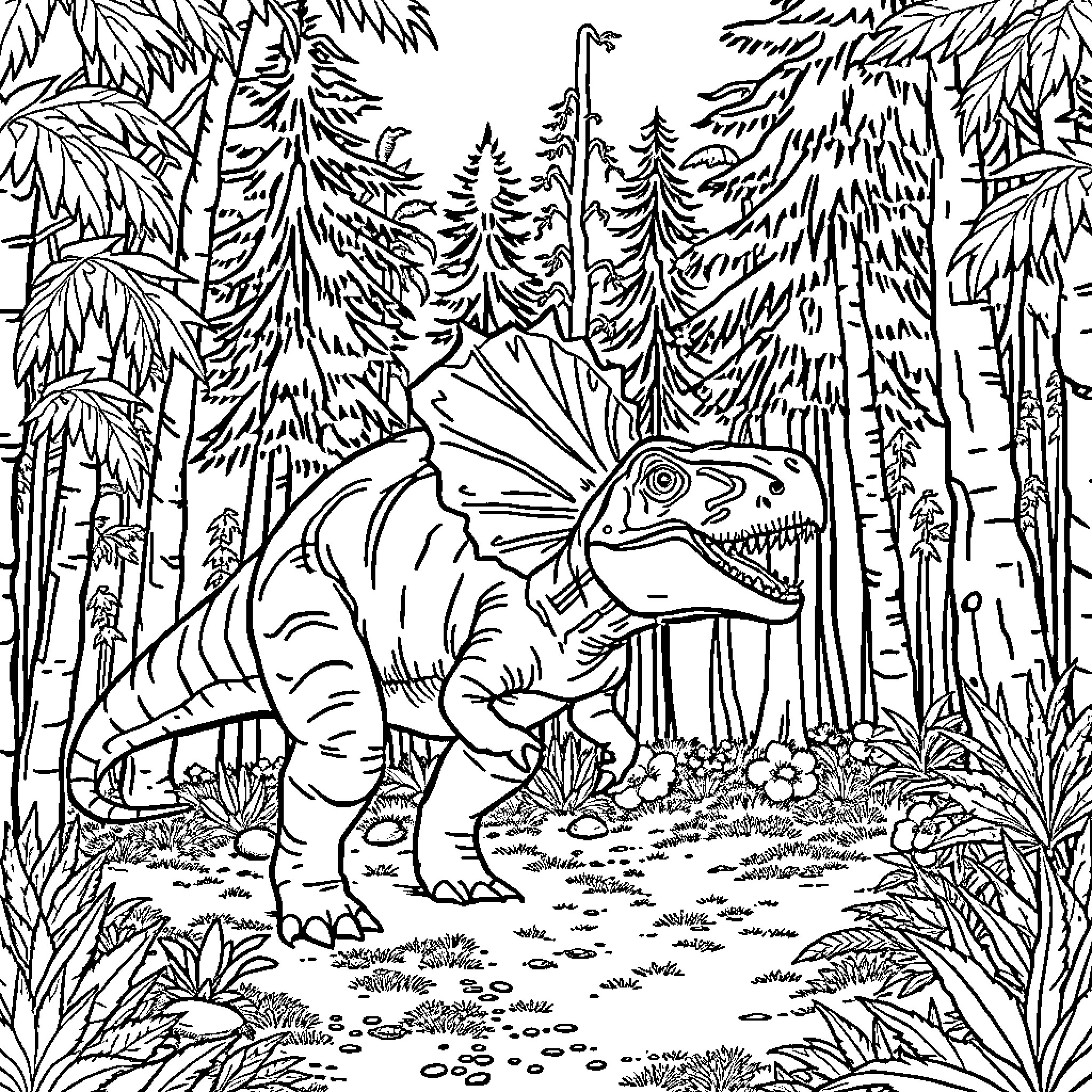 Dinosaur roaming through the enchanting forest Coloring Page (free black-and-white line drawing printable PDF for all, from beginners to advanced learners, including children, teens, adults, and seniors)