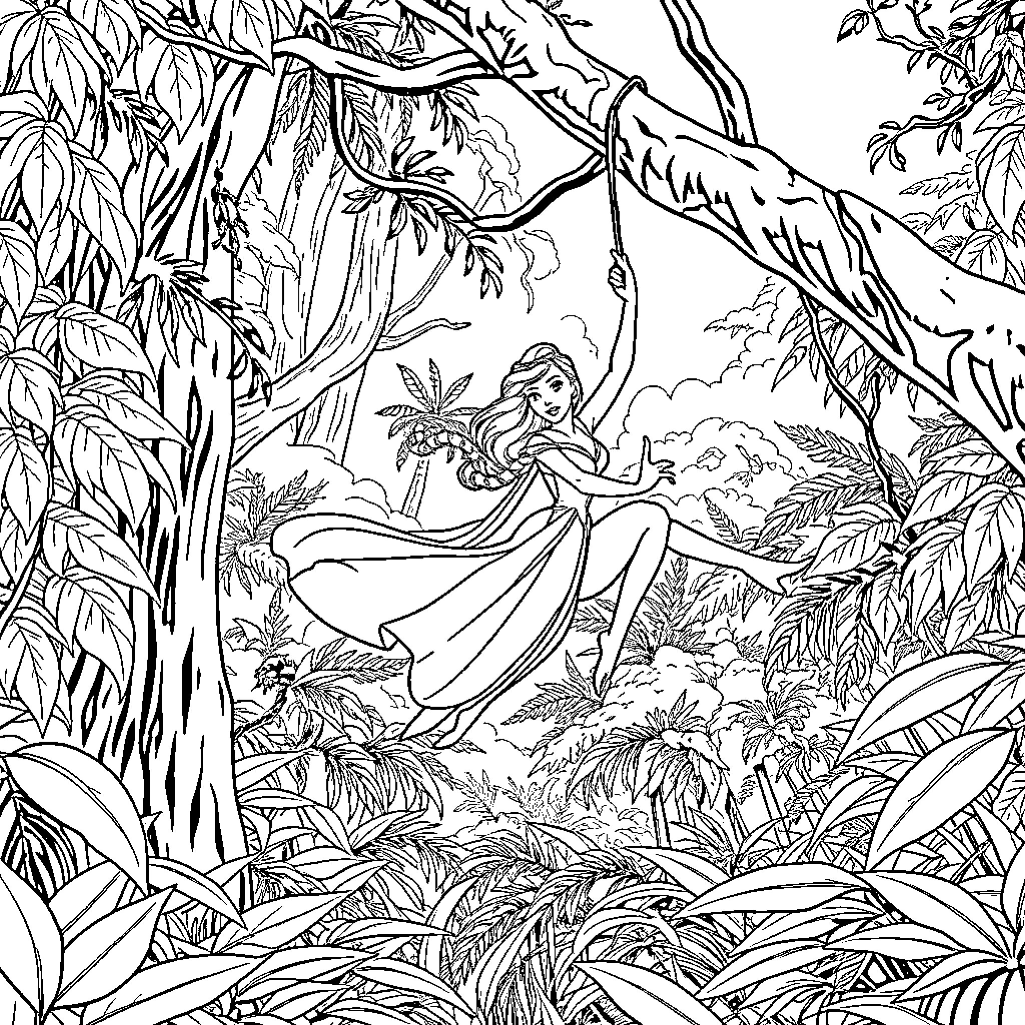 Elsa enjoying the lush jungle scenery Coloring Page (free black-and-white line drawing printable PDF for all, from beginners to advanced learners, including children, teens, adults, and seniors)