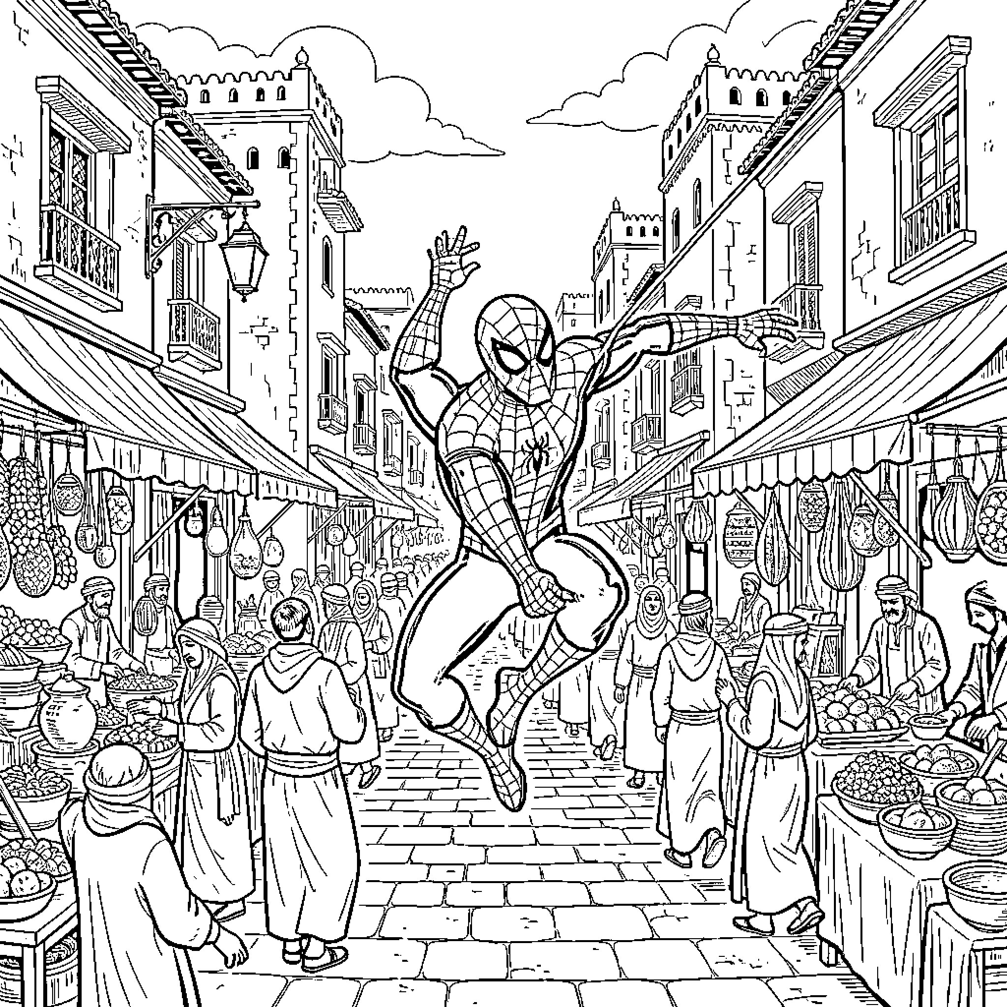 Spiderman swinging through a crowded marketplace street Coloring Page (free black-and-white line drawing printable PDF for all, from beginners to advanced learners, including children, teens, adults, and seniors)