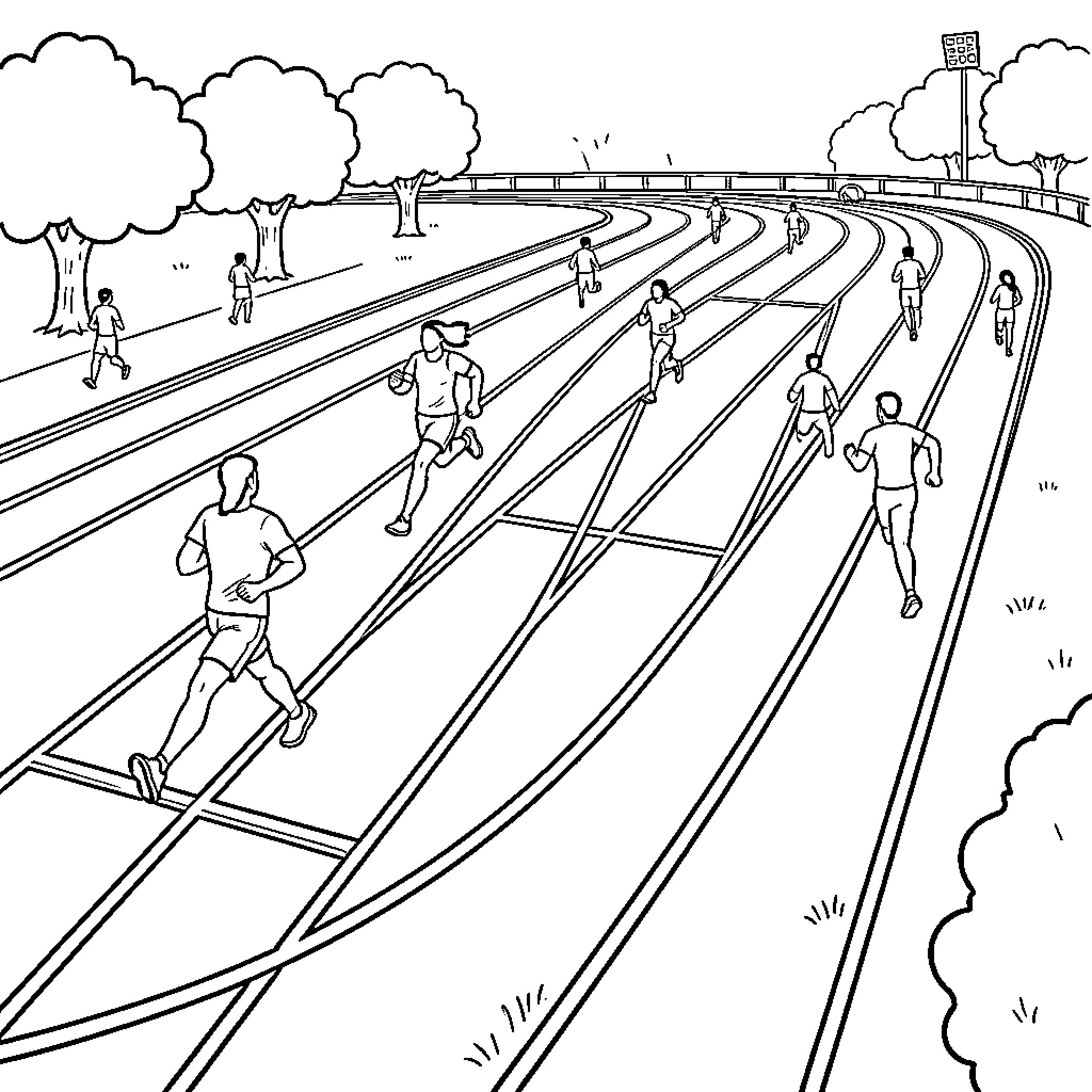 Athletics Track with Runners in Competition Coloring Page (free black-and-white line drawing printable PDF for all, from beginners to advanced learners, including children, teens, adults, and seniors)