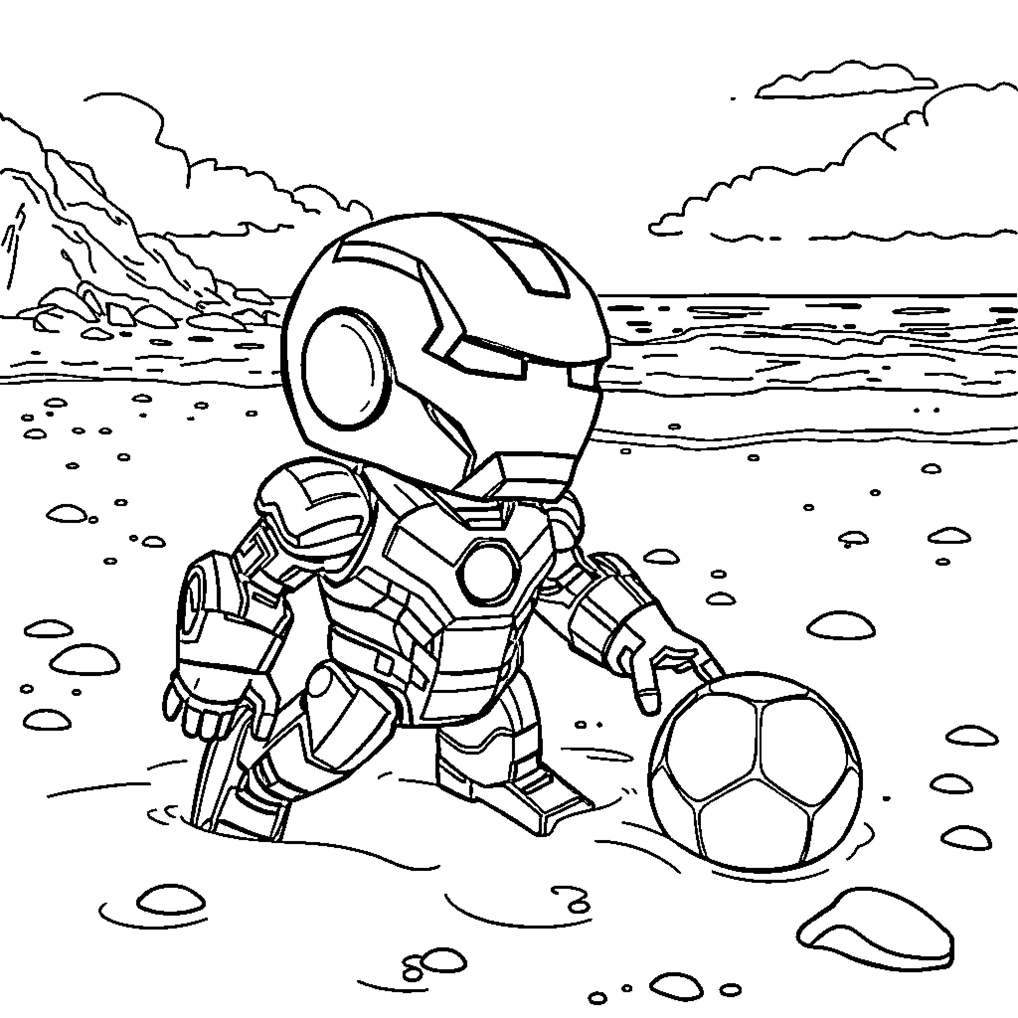 Iron Man playing with a soccer ball on the beach Coloring Page (free black-and-white line drawing printable PDF for all, from beginners to advanced learners, including children, teens, adults, and seniors)