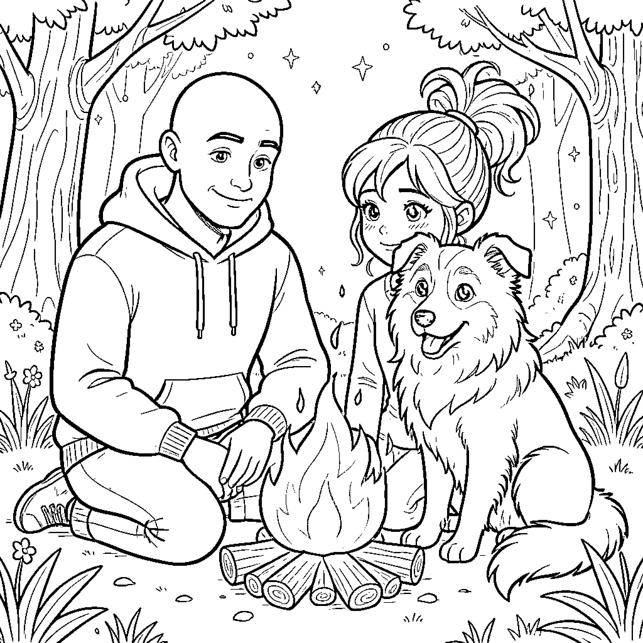 Campfire with friends enjoying outdoor adventure Coloring Page (free black-and-white line drawing printable PDF for all, from beginners to advanced learners, including children, teens, adults, and seniors)