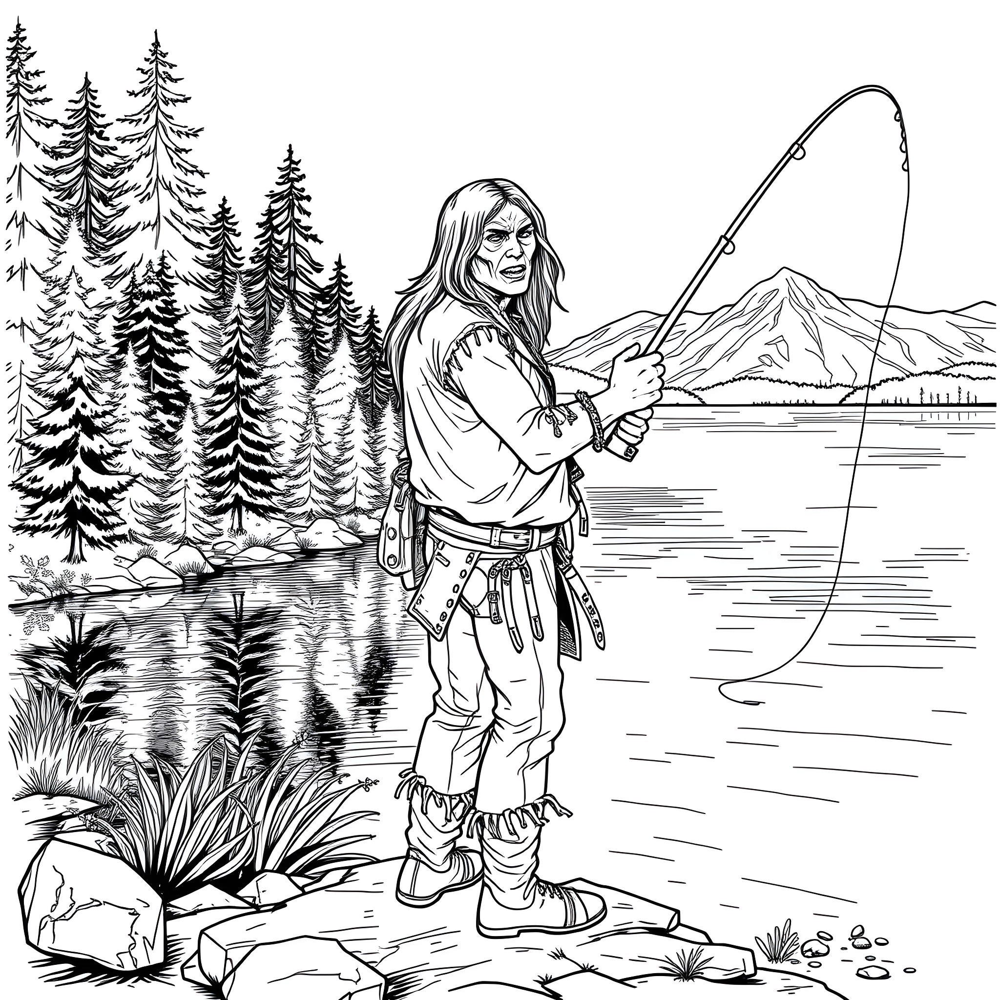 Eddie's Outdoor Adventure: Fishing in the Serene Forest Coloring Page (free black-and-white line drawing printable PDF for all, from beginners to advanced learners, including children, teens, adults, and seniors)
