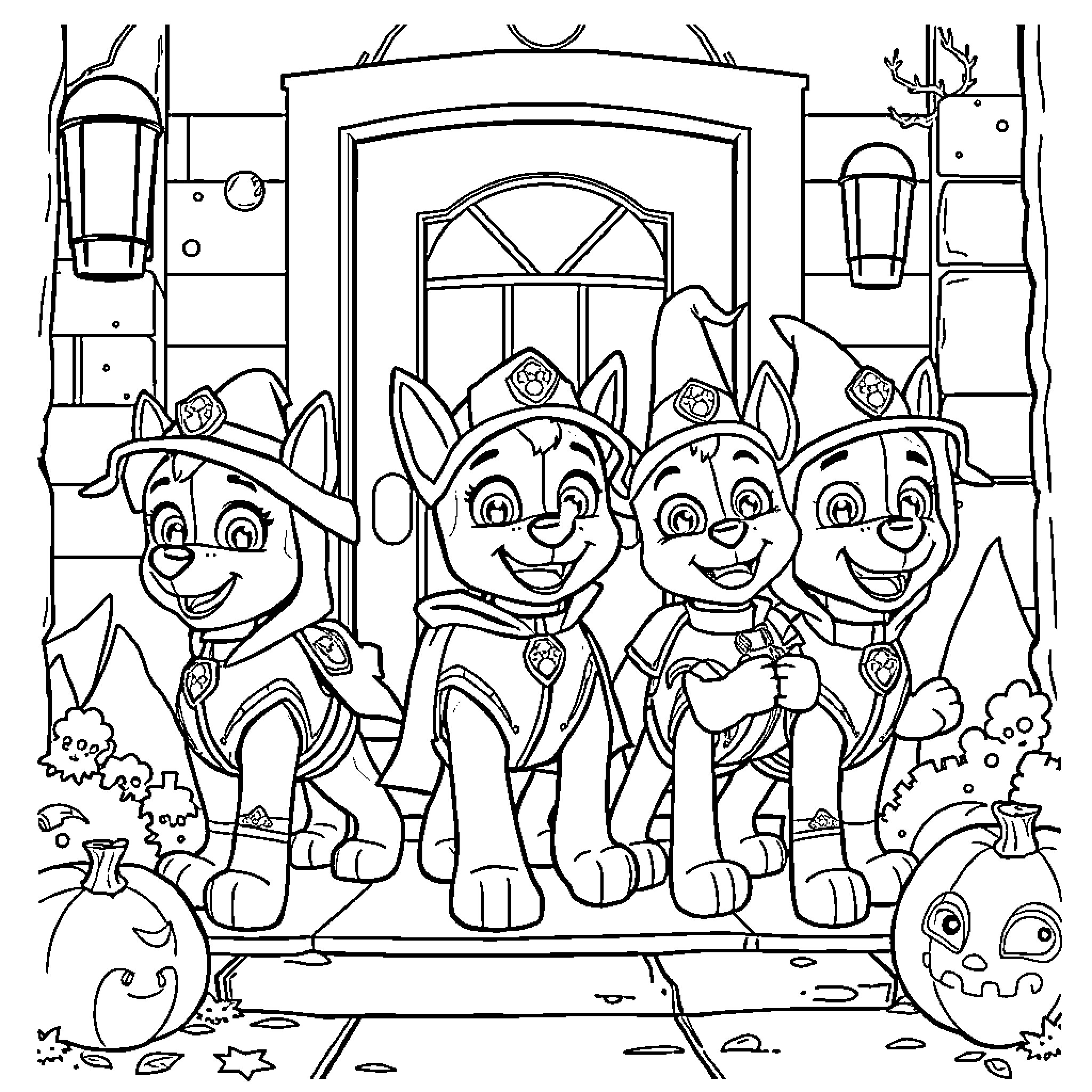 Paw Patrol Patrol Pups Ready for Action Coloring Page (free black-and-white line drawing printable PDF for all, from beginners to advanced learners, including children, teens, adults, and seniors)