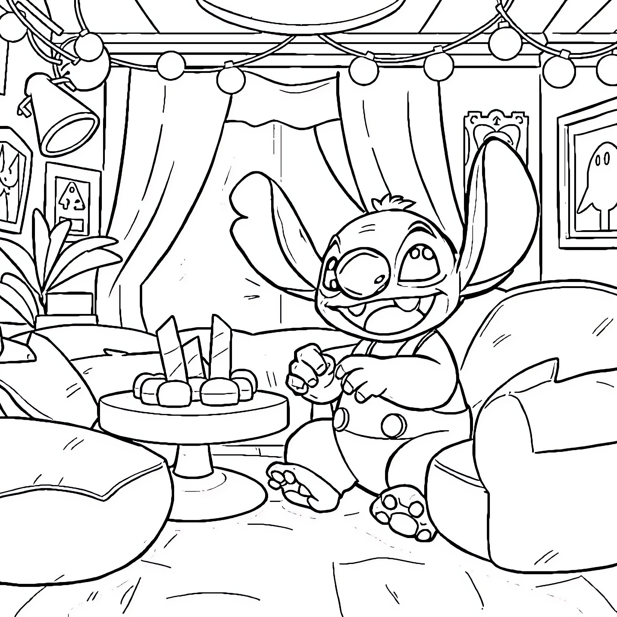 Stitch enjoys a cozy indoor scene Coloring Page (free black-and-white line drawing printable PDF for all, from beginners to advanced learners, including children, teens, adults, and seniors)