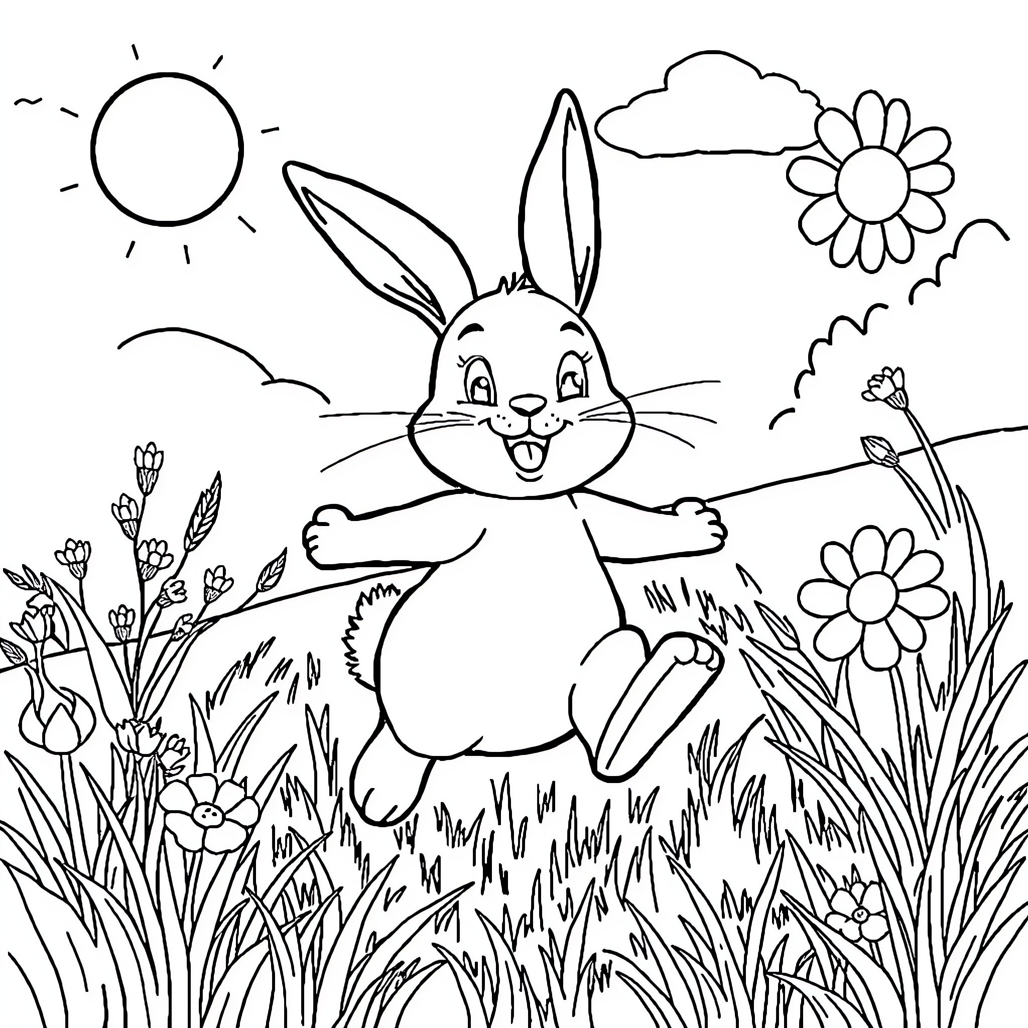 Rabbit Hopping Cheerfully in a Flower-Filled Field Coloring Page (free black-and-white line drawing printable PDF for all, from beginners to advanced learners, including children, teens, adults, and seniors)