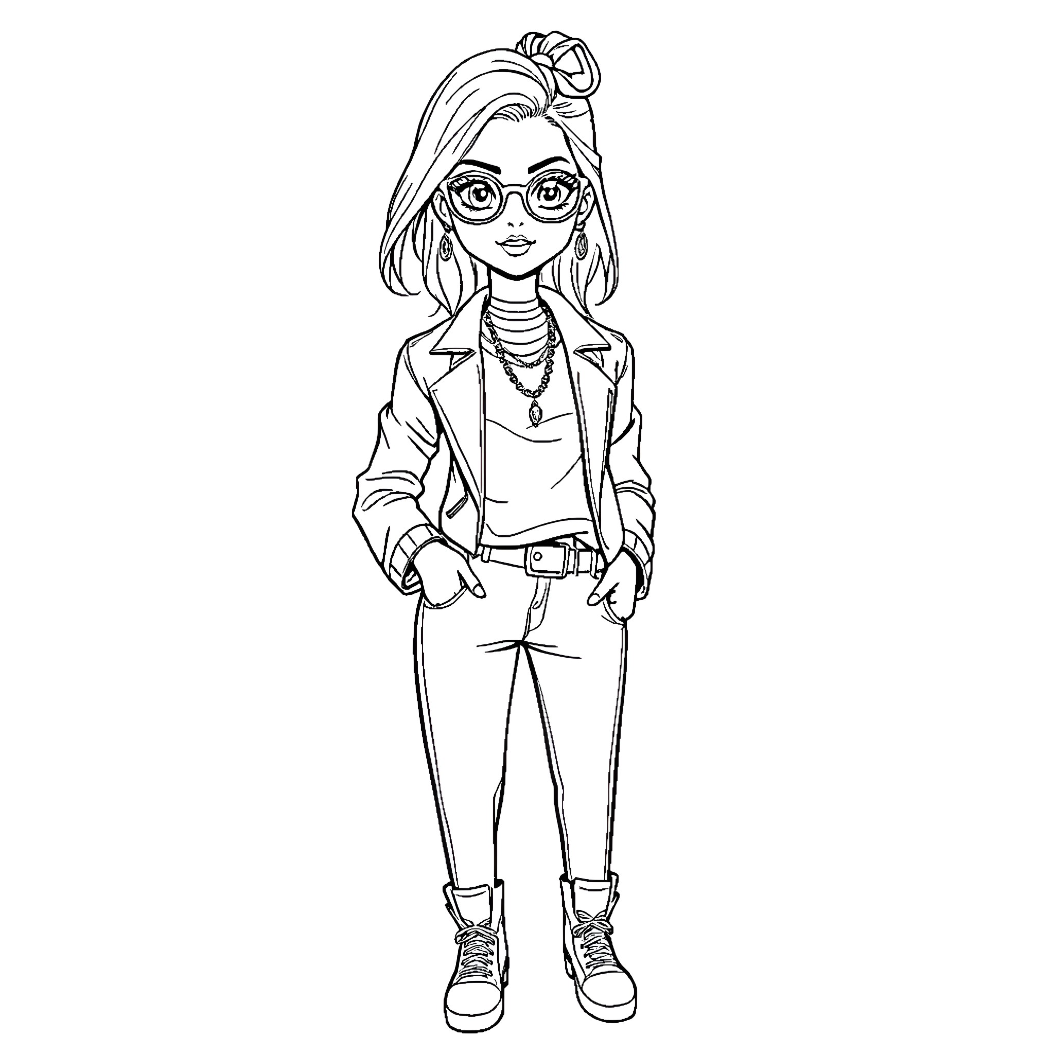 Girl with glasses and stylish outfit Coloring Page (free black-and-white line drawing printable PDF for all, from beginners to advanced learners, including children, teens, adults, and seniors)