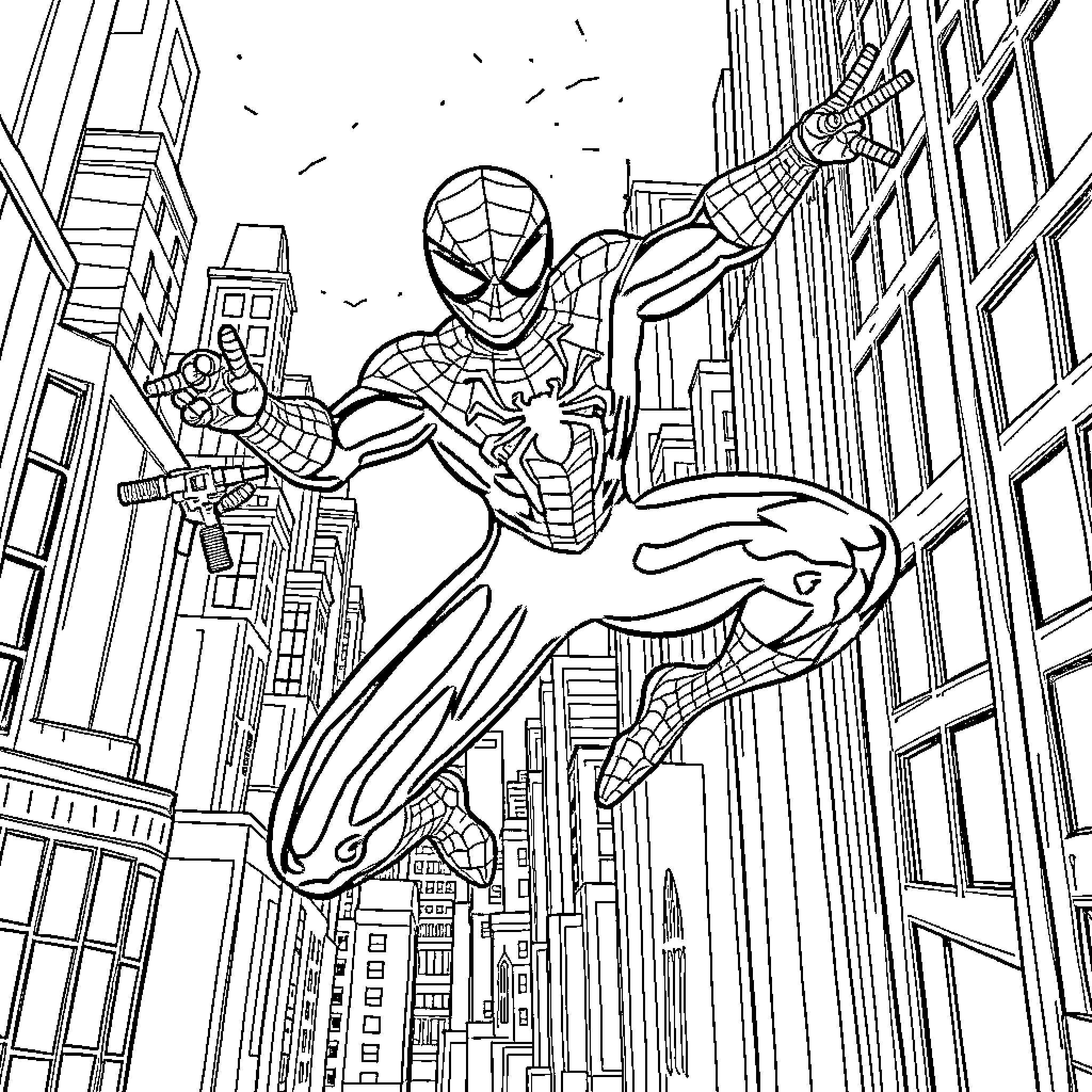 Spiderman swinging through the city skyline Coloring Page (free black-and-white line drawing printable PDF for all, from beginners to advanced learners, including children, teens, adults, and seniors)