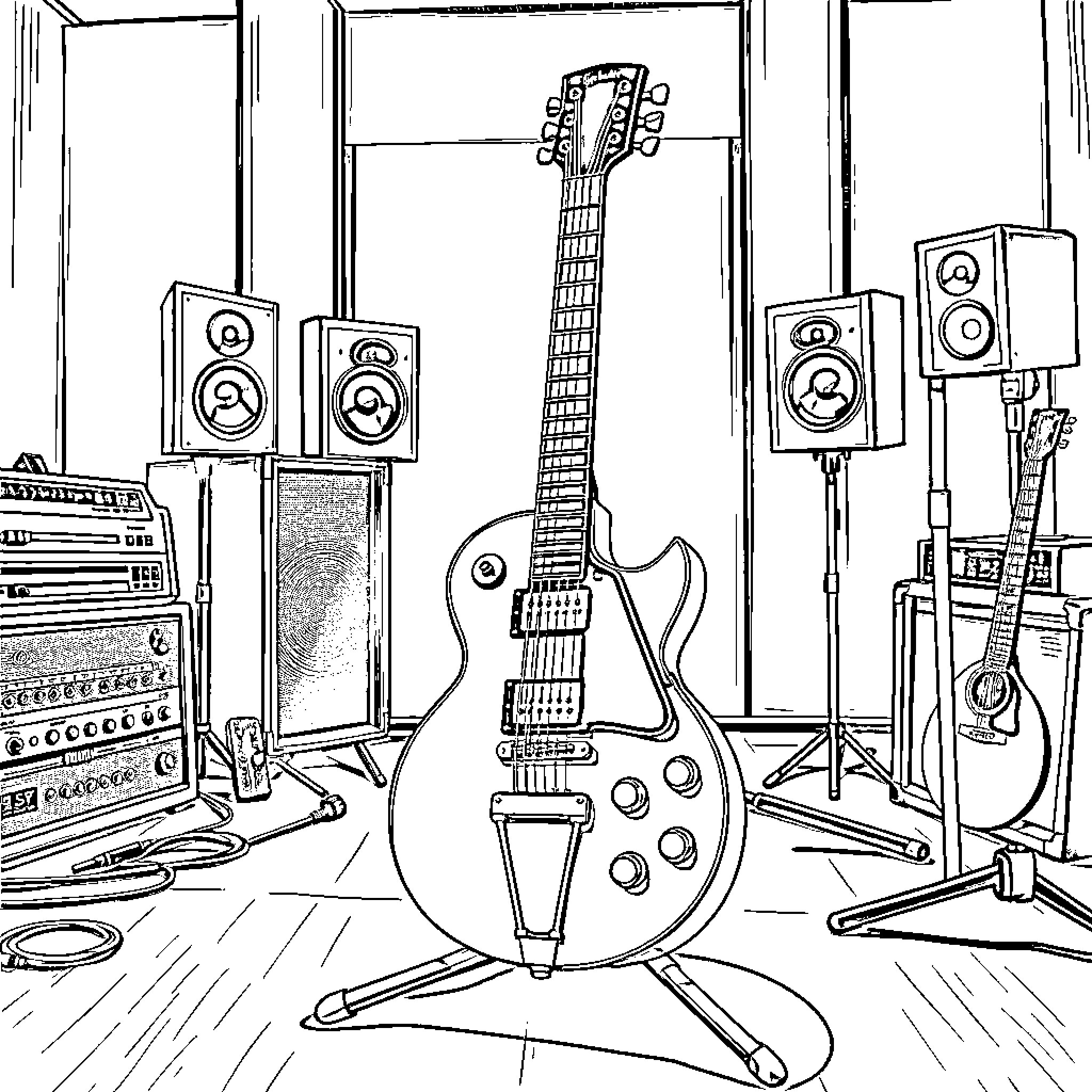 Gibson Les Paul Guitar in a Musical Recording Studio Coloring Page (free black-and-white line drawing printable PDF for all, from beginners to advanced learners, including children, teens, adults, and seniors)