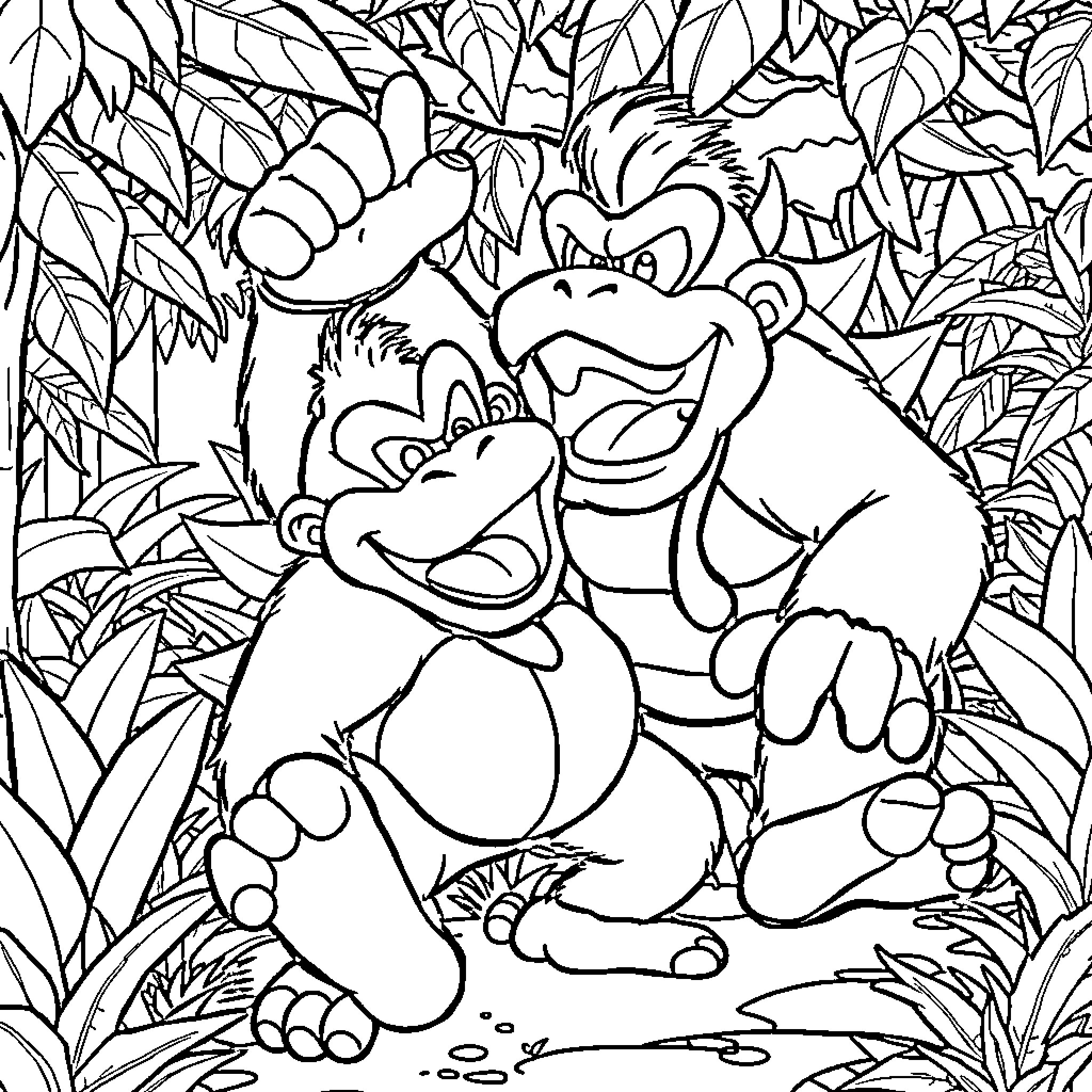 Donkey Kong exploring the lush jungle Coloring Page (free black-and-white line drawing printable PDF for all, from beginners to advanced learners, including children, teens, adults, and seniors)
