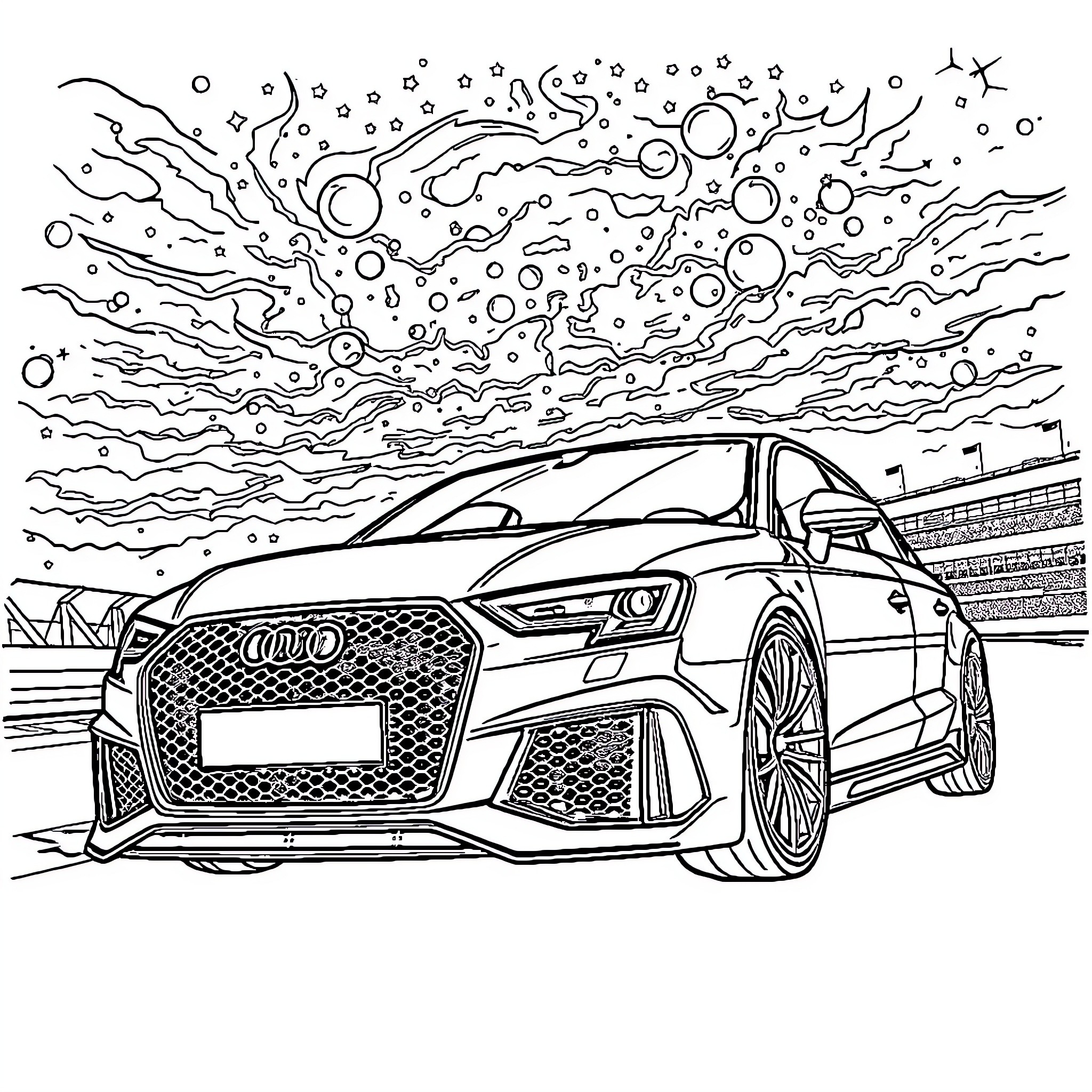 Audi sports car racing through the night Coloring Page (free black-and-white line drawing printable PDF for all, from beginners to advanced learners, including children, teens, adults, and seniors)