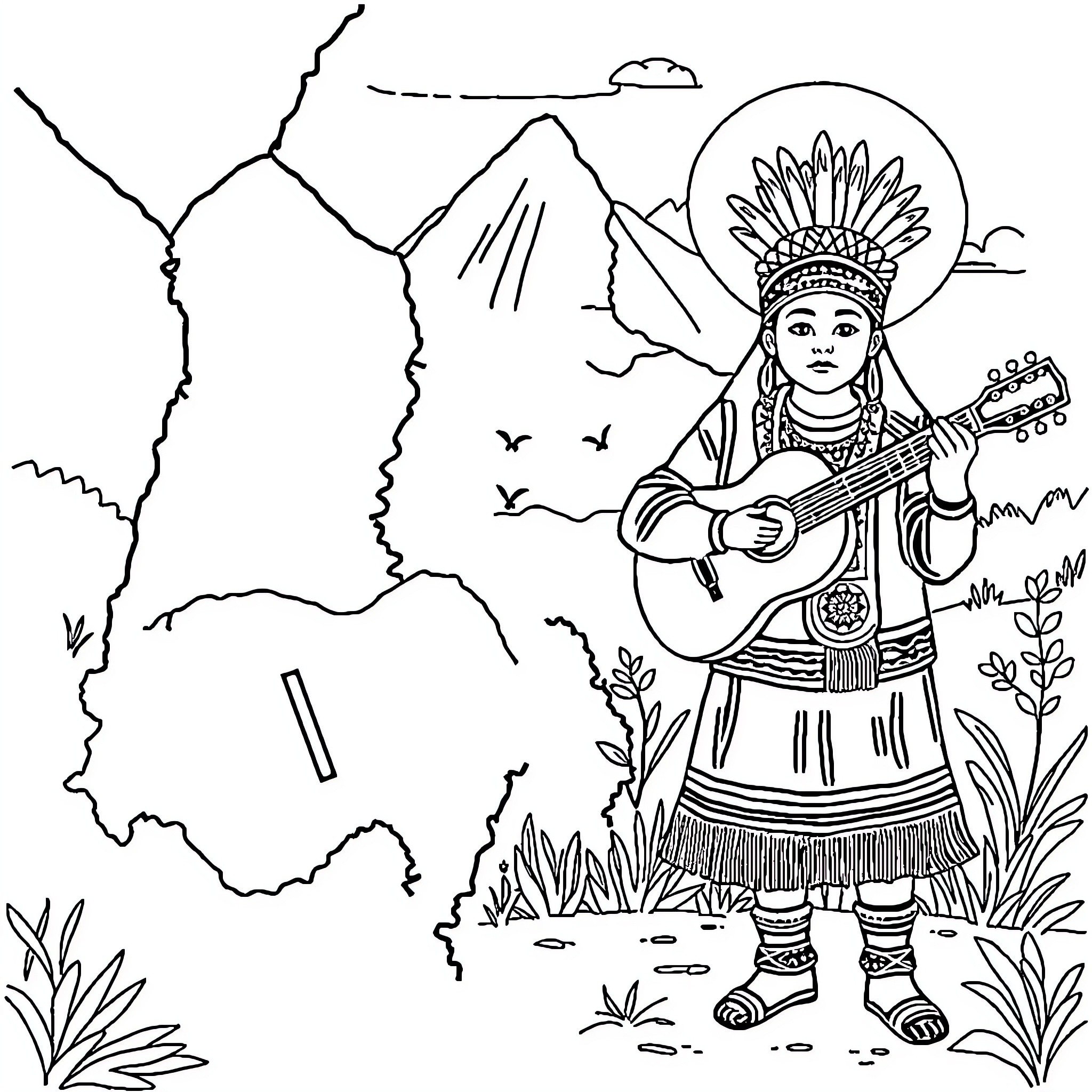 Map of Indigenous Person Playing Guitar in Nature Coloring Page (free black-and-white line drawing printable PDF for all, from beginners to advanced learners, including children, teens, adults, and seniors)