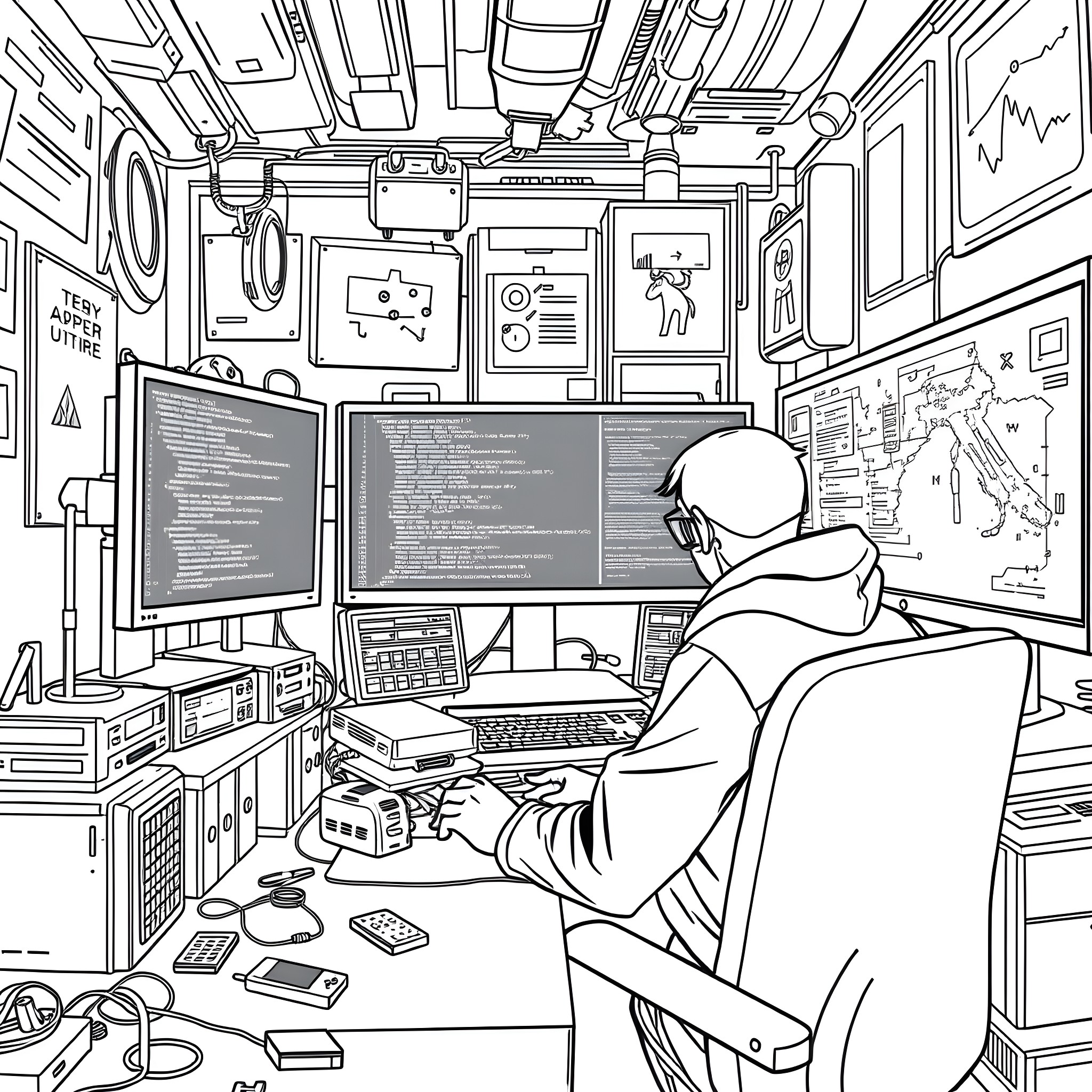 Hacking in a high-tech control room with screens and equipment Coloring Page (free black-and-white line drawing printable PDF for all, from beginners to advanced learners, including children, teens, adults, and seniors)