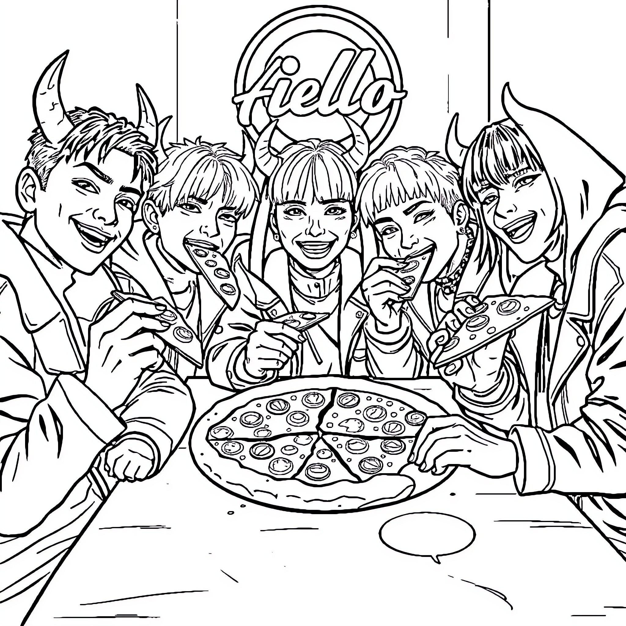 Demon Hunter Friends Enjoying Pizza Together Coloring Page (free black-and-white line drawing printable PDF for all, from beginners to advanced learners, including children, teens, adults, and seniors)