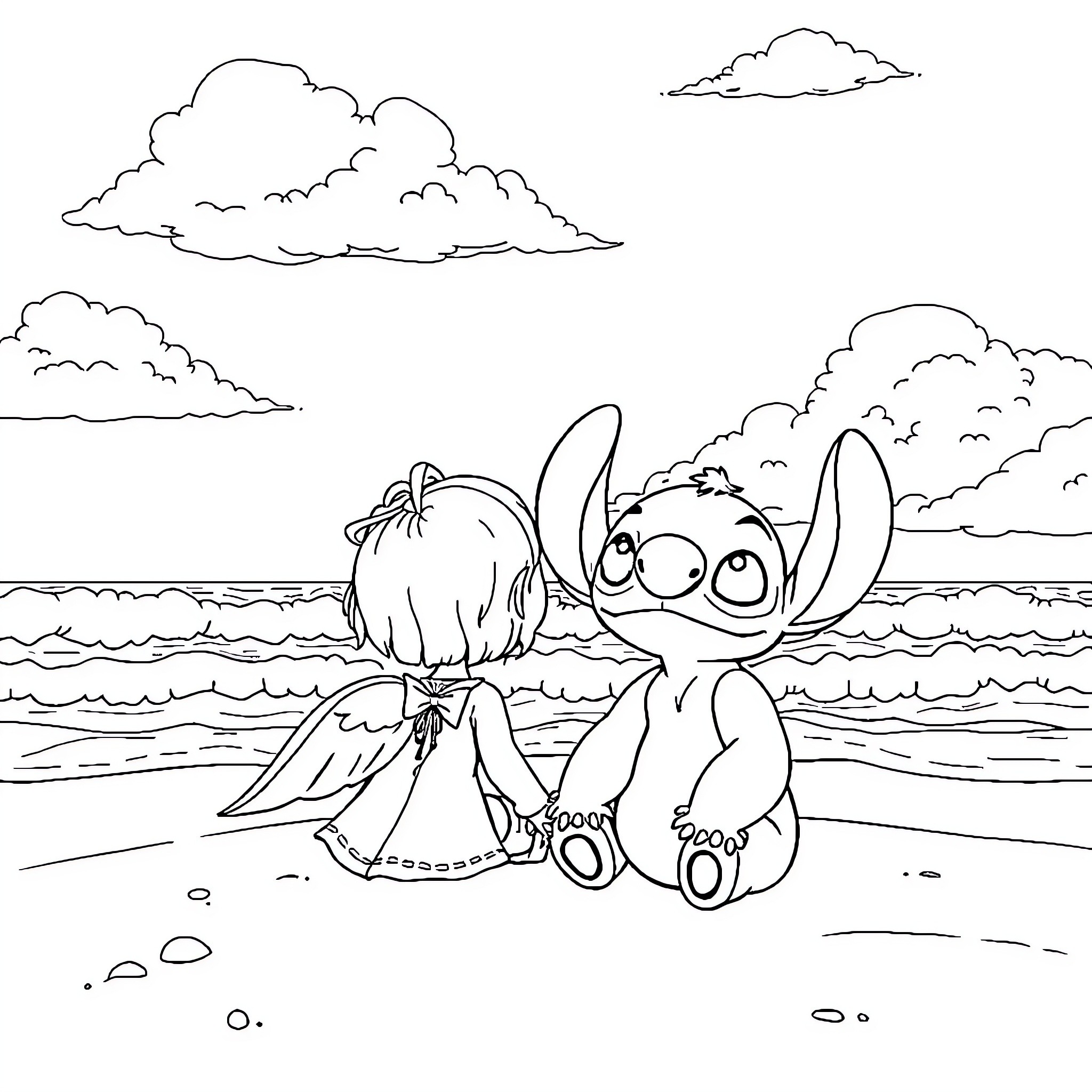 Angel-like creature playing in the surf Coloring Page (free black-and-white line drawing printable PDF for all, from beginners to advanced learners, including children, teens, adults, and seniors)