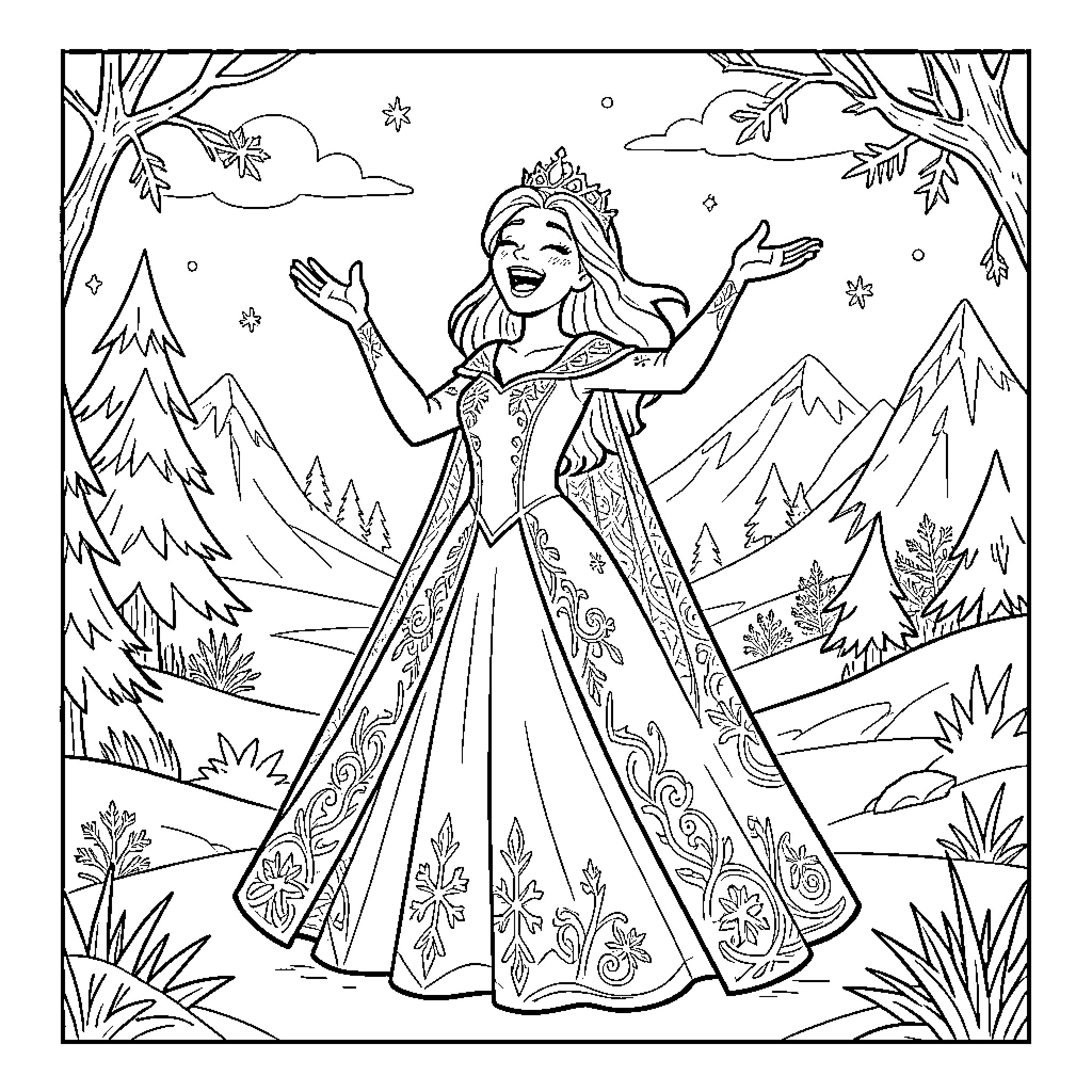 Queen celebrating joyfully in a mountain landscape Coloring Page (free black-and-white line drawing printable PDF for all, from beginners to advanced learners, including children, teens, adults, and seniors)
