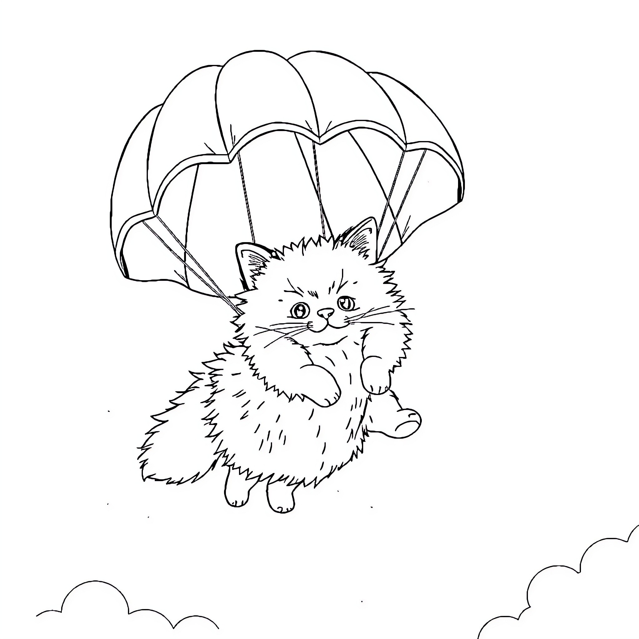 Cat soaring with parachute through the sky Coloring Page (free black-and-white line drawing printable PDF for all, from beginners to advanced learners, including children, teens, adults, and seniors)