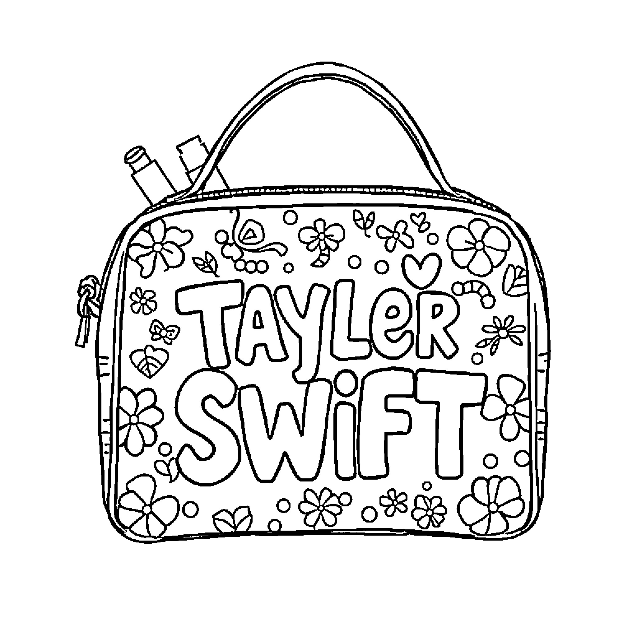 Makeup Bag with Floral Designs and a Name Coloring Page (free black-and-white line drawing printable PDF for all, from beginners to advanced learners, including children, teens, adults, and seniors)