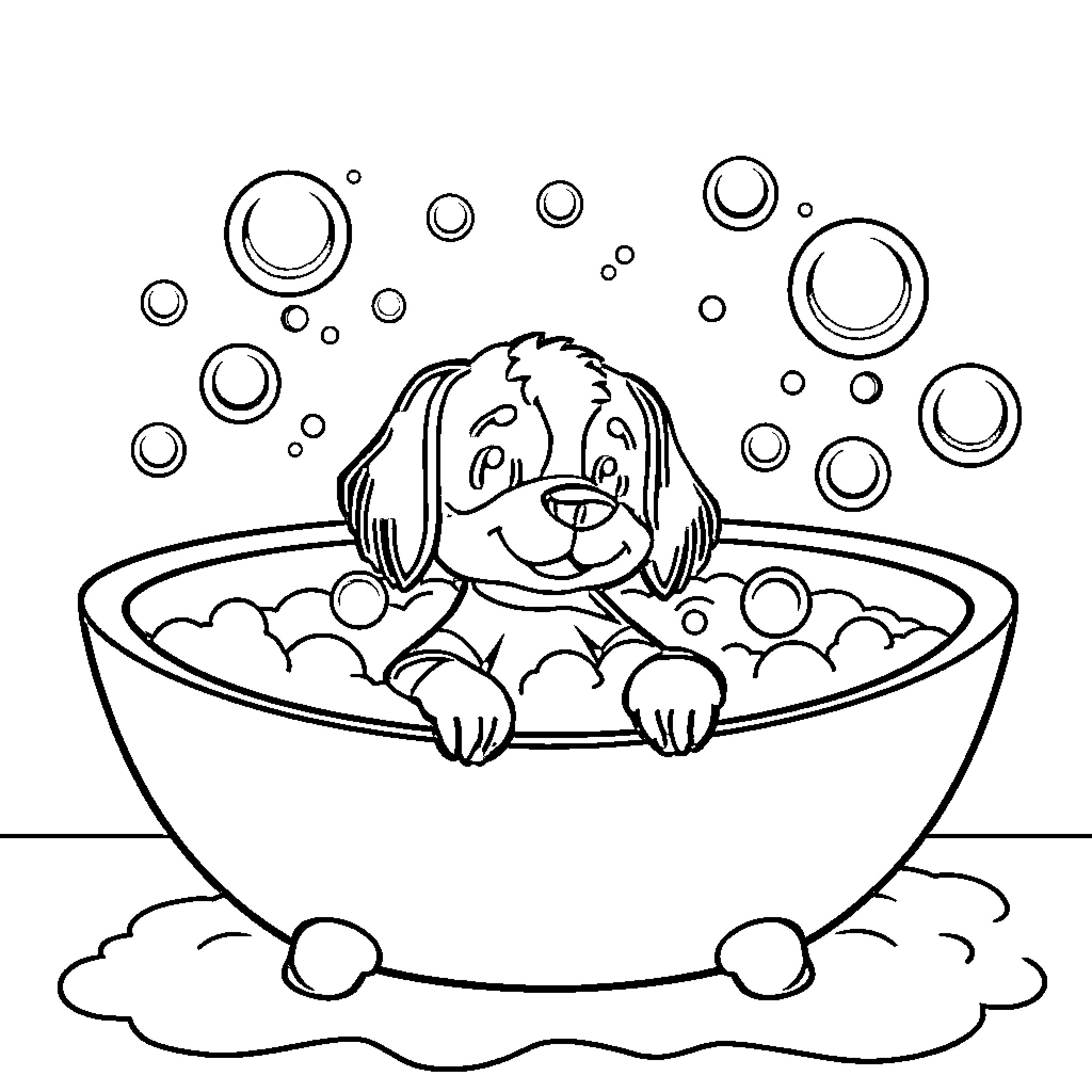Huntrix Puppy Relaxing in Bubble Bath Coloring Page (free black-and-white line drawing printable PDF for all, from beginners to advanced learners, including children, teens, adults, and seniors)
