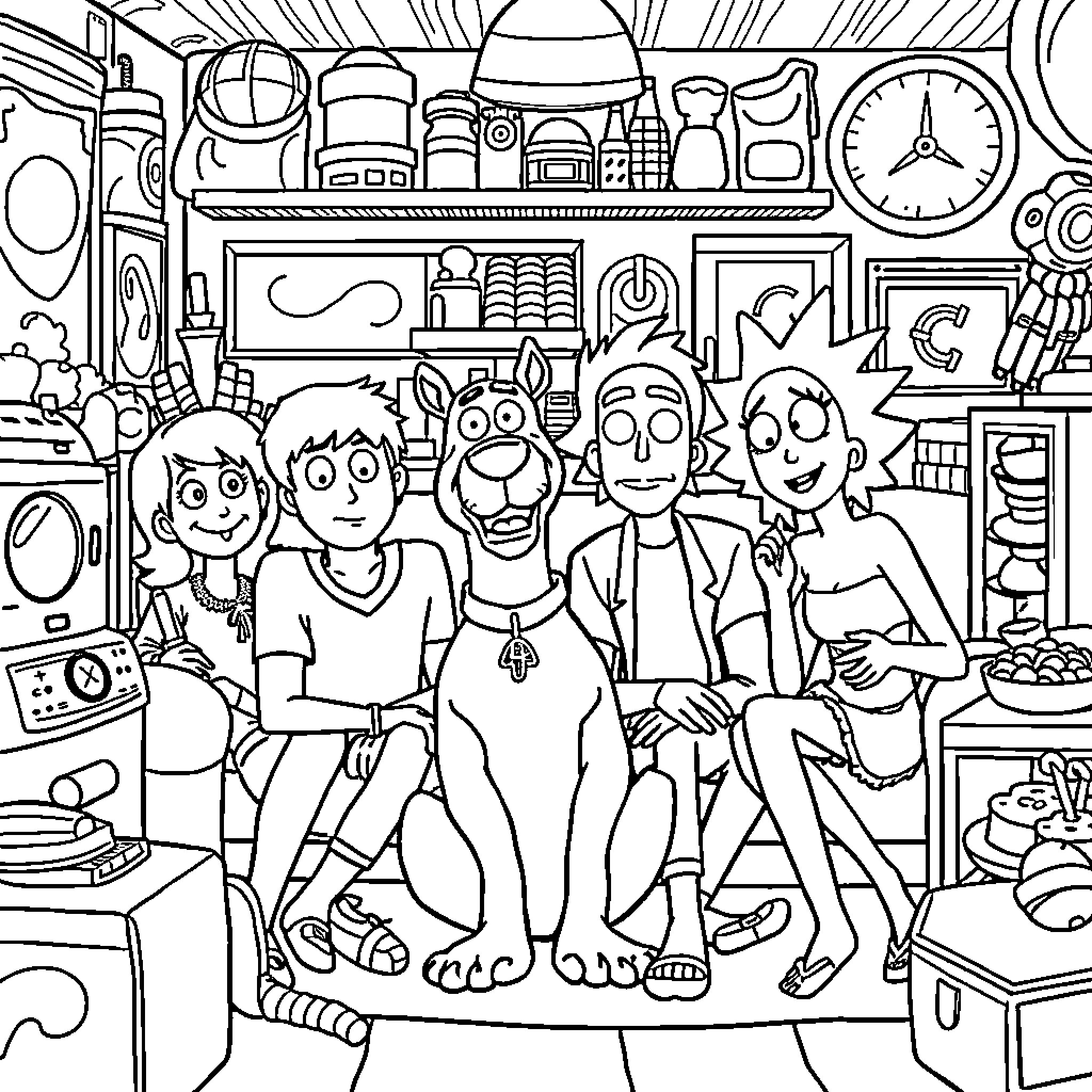 Character Enjoying a Lively Gathering in a Cluttered Room Coloring Page (free black-and-white line drawing printable PDF for all, from beginners to advanced learners, including children, teens, adults, and seniors)