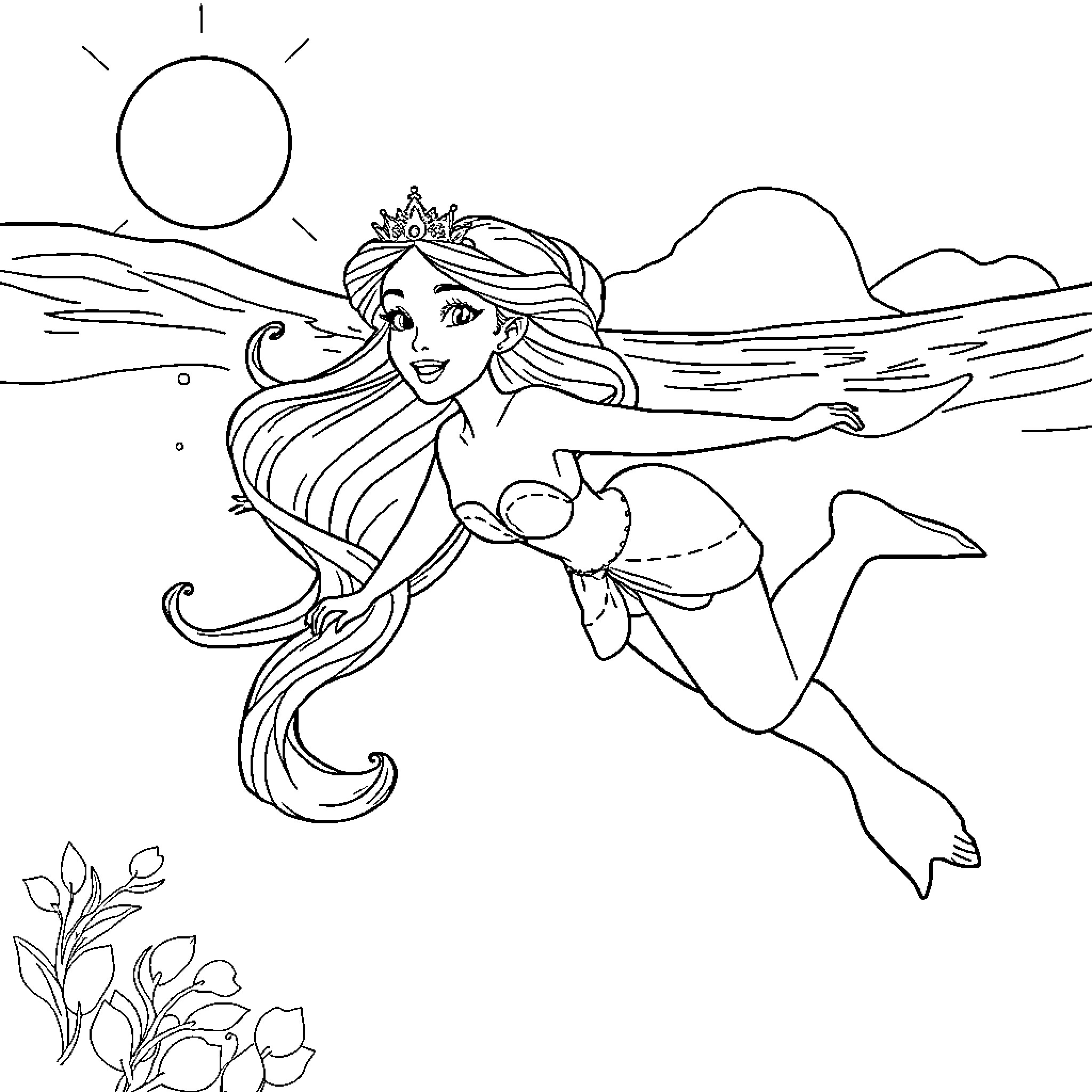 Princess Swimming Joyfully in the Sea Coloring Page (free black-and-white line drawing printable PDF for all, from beginners to advanced learners, including children, teens, adults, and seniors)