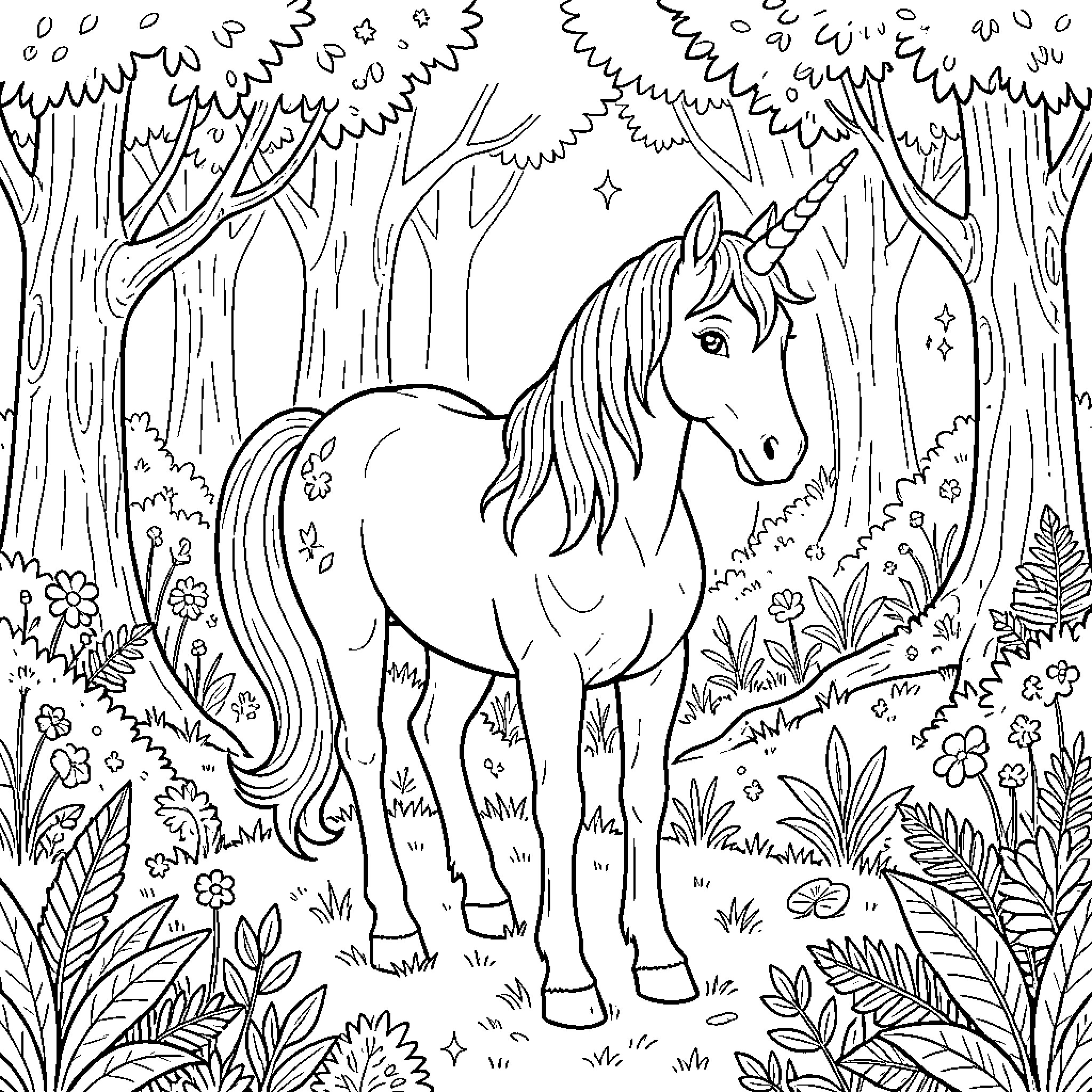 Unicorn standing peacefully in a lush forest Coloring Page (free black-and-white line drawing printable PDF for all, from beginners to advanced learners, including children, teens, adults, and seniors)