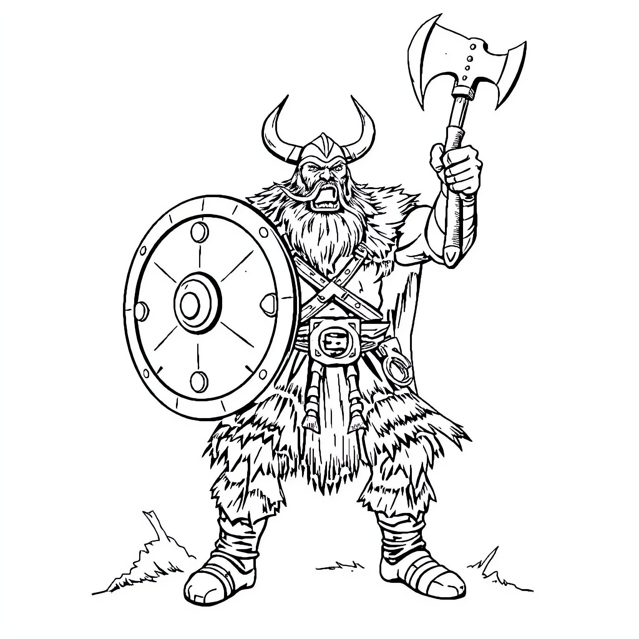 Viking warrior wielding axe with shield Coloring Page (free black-and-white line drawing printable PDF for all, from beginners to advanced learners, including children, teens, adults, and seniors)