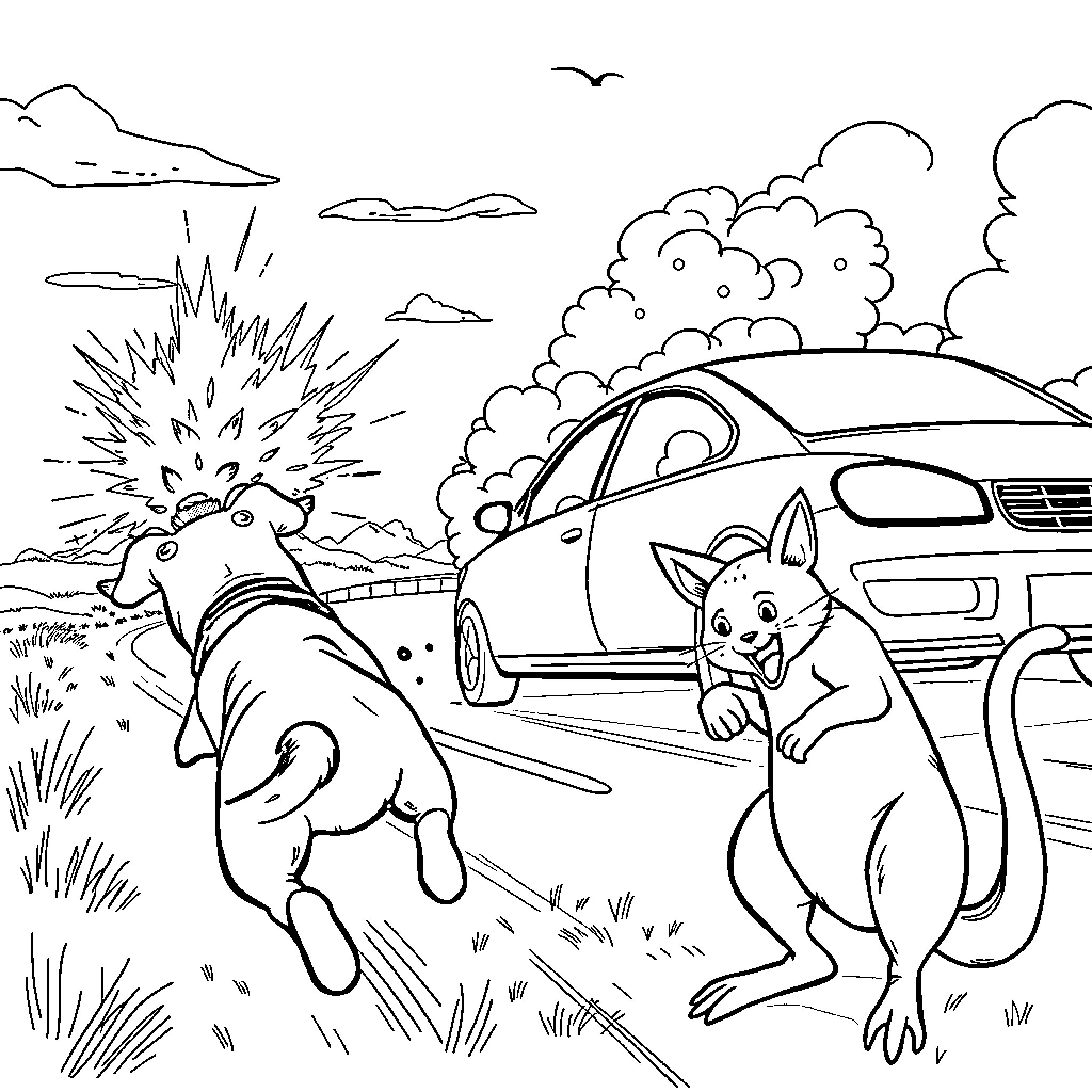 Dog chasing cat near car on road Coloring Page (free black-and-white line drawing printable PDF for all, from beginners to advanced learners, including children, teens, adults, and seniors)