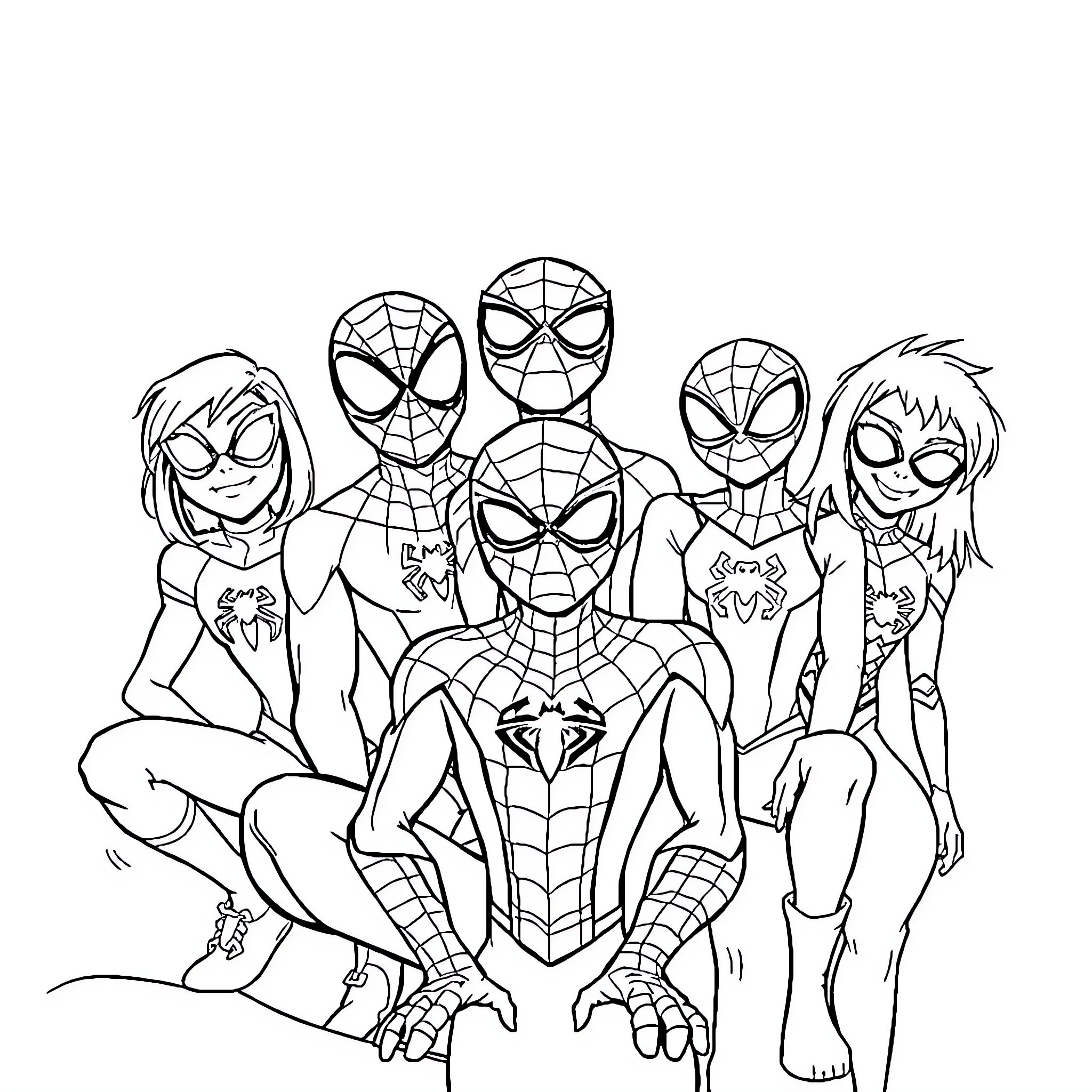 Spider friends gather for adventure Coloring Page (free black-and-white line drawing printable PDF for all, from beginners to advanced learners, including children, teens, adults, and seniors)