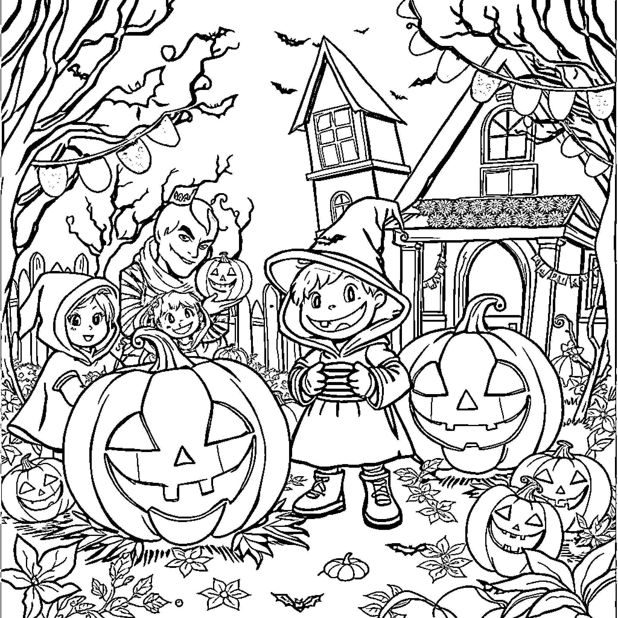 Halloween Trick-or-Treating in a Spooky Forest Coloring Page (free black-and-white line drawing printable PDF for all, from beginners to advanced learners, including children, teens, adults, and seniors)