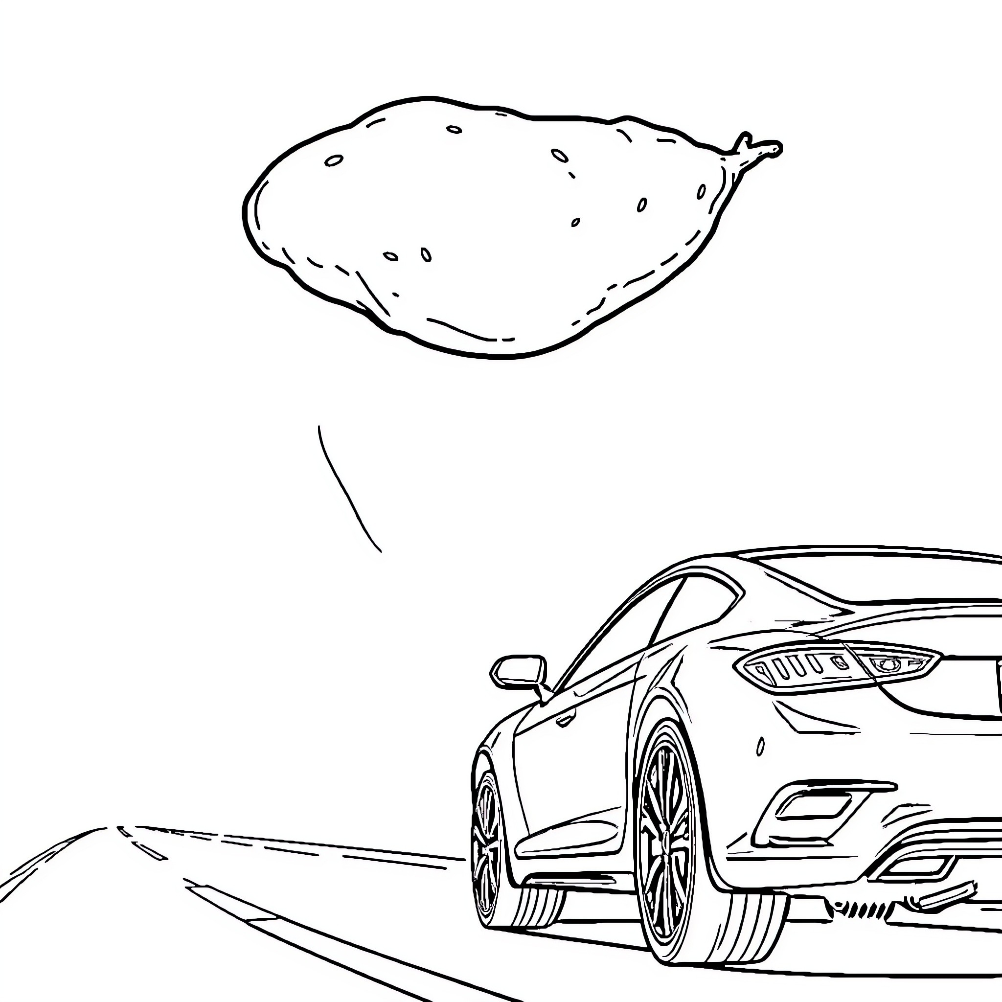 Potato car on the road Coloring Page (free black-and-white line drawing printable PDF for all, from beginners to advanced learners, including children, teens, adults, and seniors)